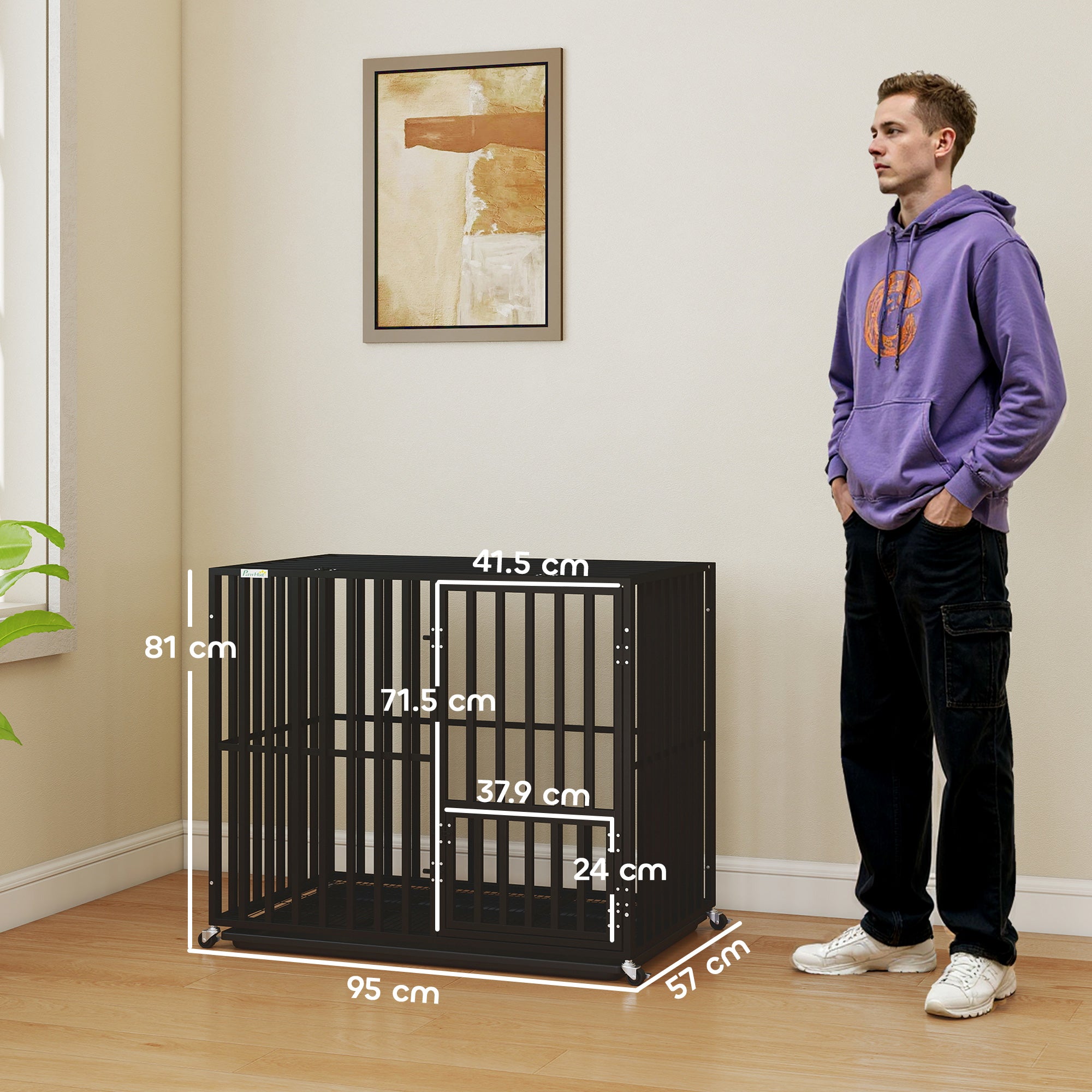 pawhut-cage-chien-robuste-roulettes-avec-plateau-et-dessus-ouvert-95x57x81-cm-no image 5