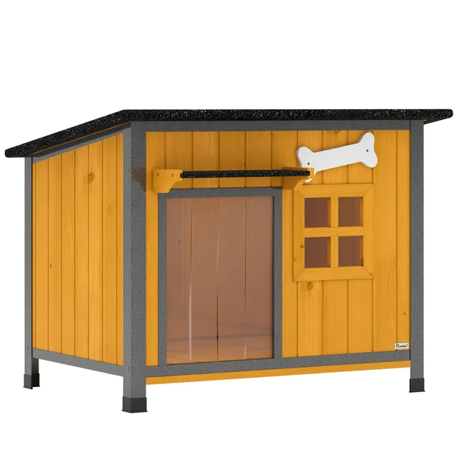 pawhut-niche-chien-bois-et-acier-toit-ouvrable-jaune image 1