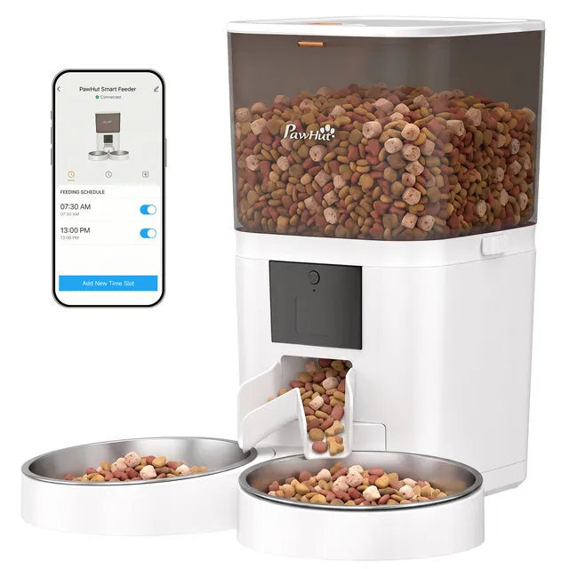 pawhut-distributeur-croquettes-chat-automatique-6l-avec-appli-et-double-bol image 1