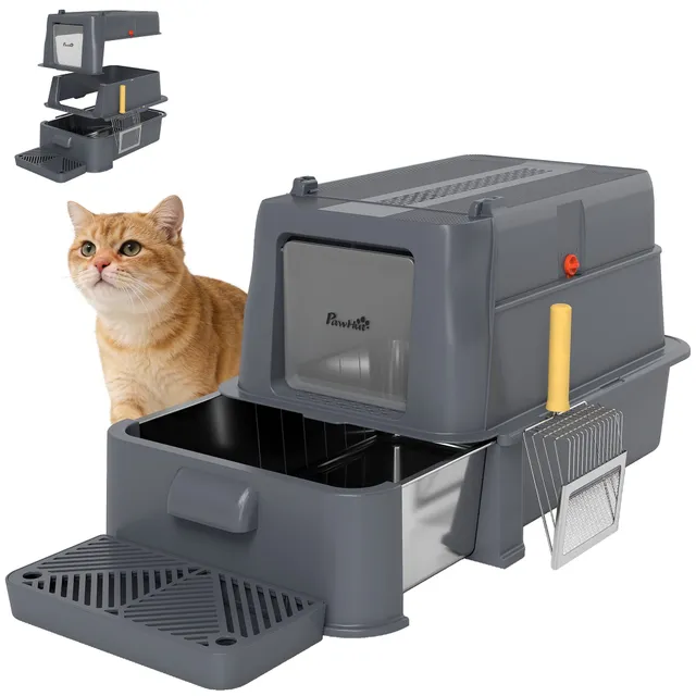 pawhut-bac-liti-re-xl-en-acier-inoxydable-avec-couvercle-et-tiroir-gris-fonc image 1