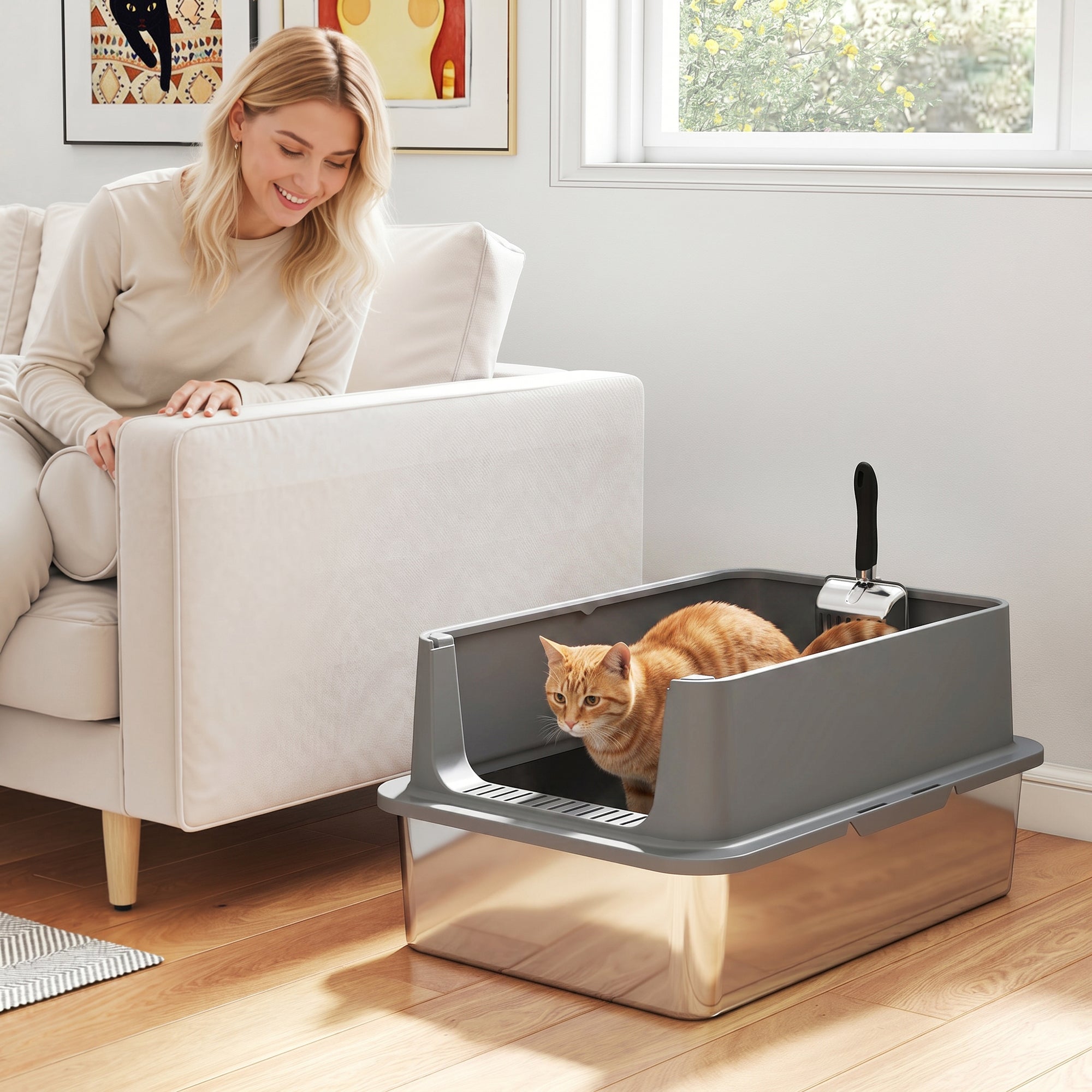 pawhut-bac-liti-re-chat-xl-inox-bords-hauts-avec-pelle-60-x-40-x-30-cm-gris-fonc image 3