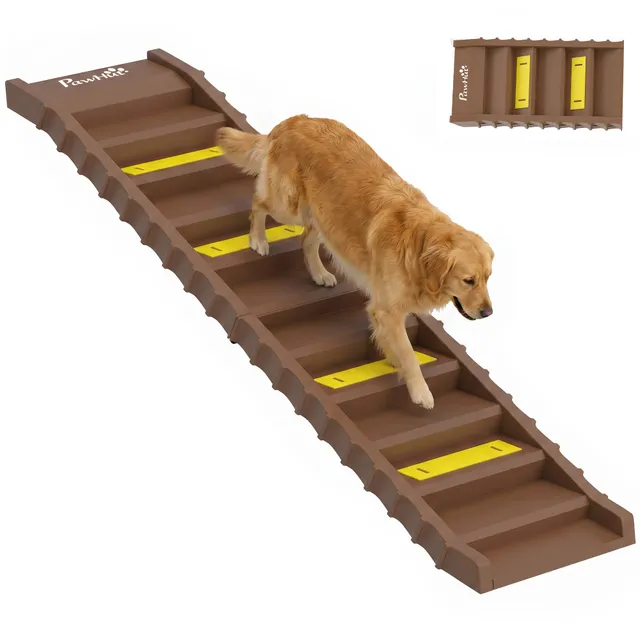 pawhut-rampe-pliable-10-marches-pour-chien-voiture-et-lit-marron image 1