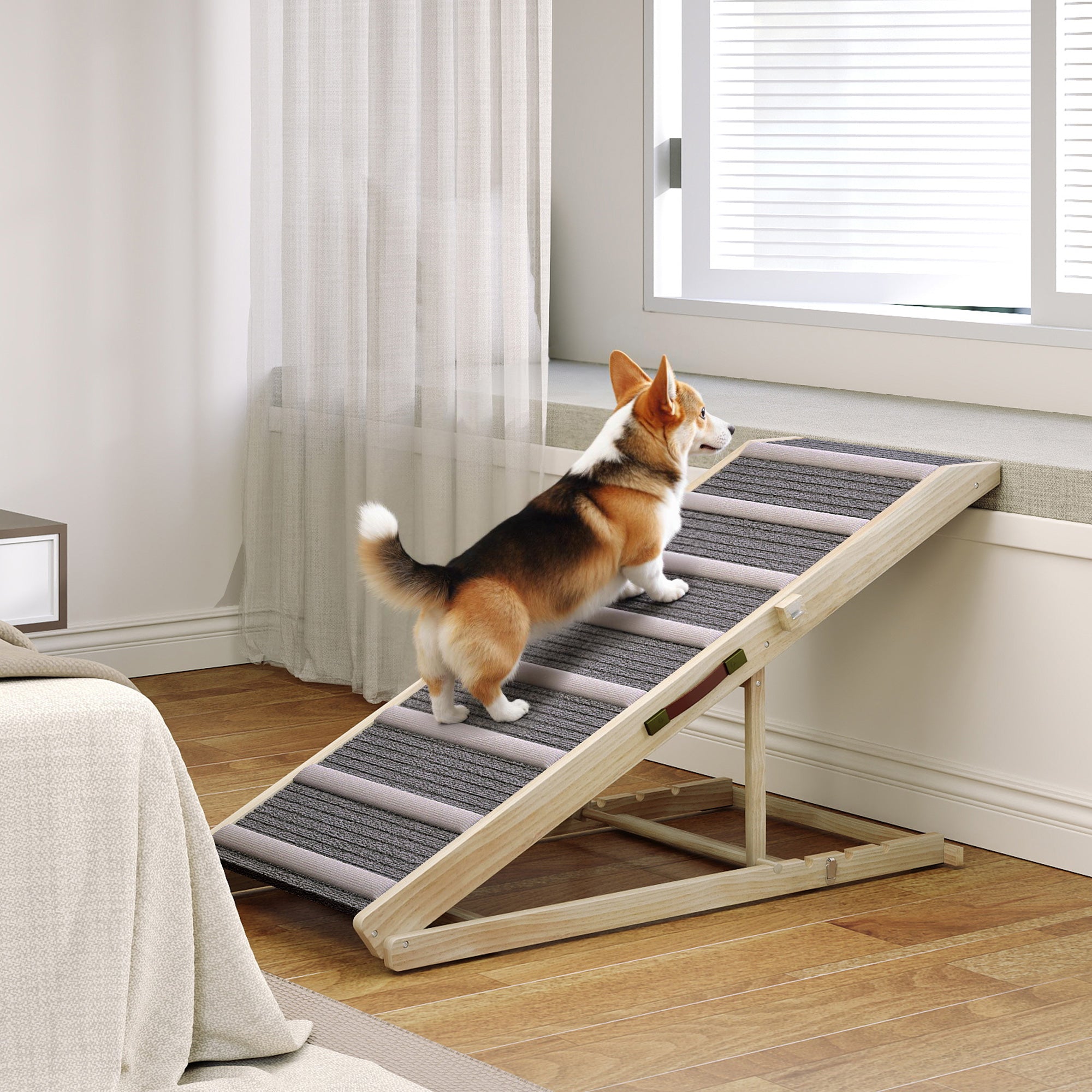 pawhut-rampe-pliable-pour-chien-pour-canap-ou-lit-4-hauteurs-r-glables-naturel image 4