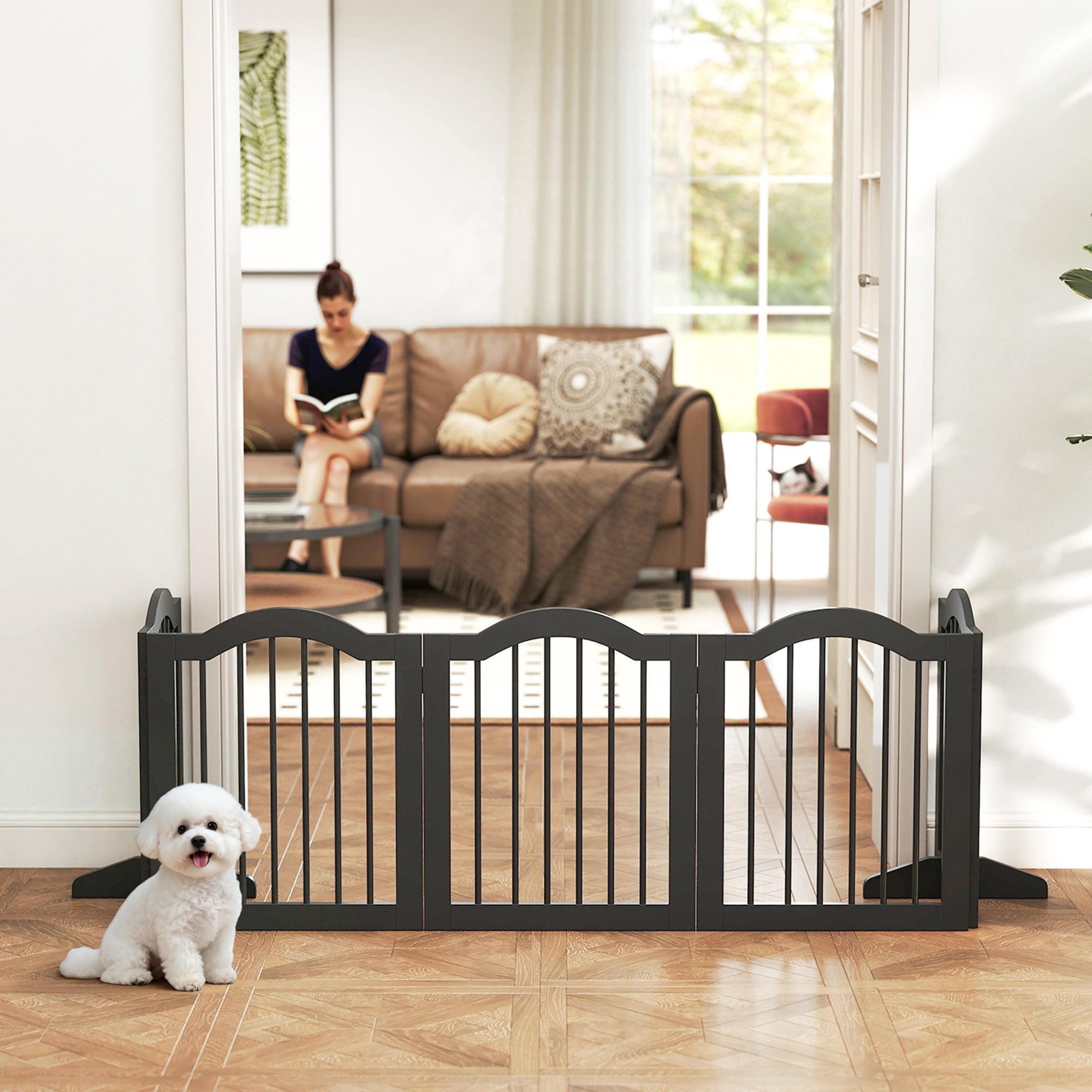 pawhut-barri-re-chien-en-bois-pliable-5-panneaux-autoportante-noir image 3