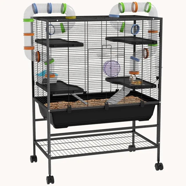 pawhut-grande-cage-hamster-81-cm-avec-tag-re-et-tubes-noire image 1