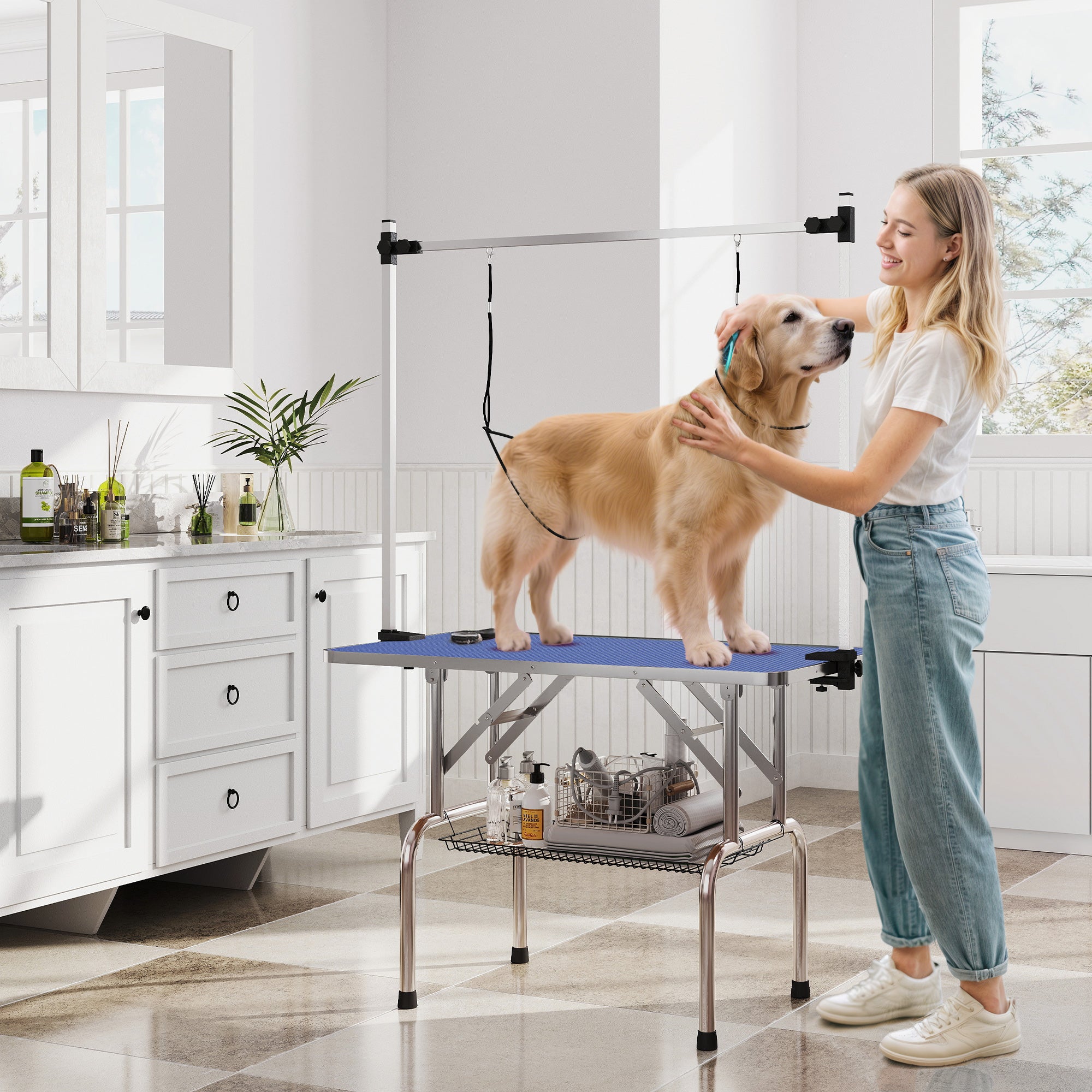 pawhut-table-de-toilettage-pliable-107x60x170cm-plateau-caoutchouc-bleu image 4