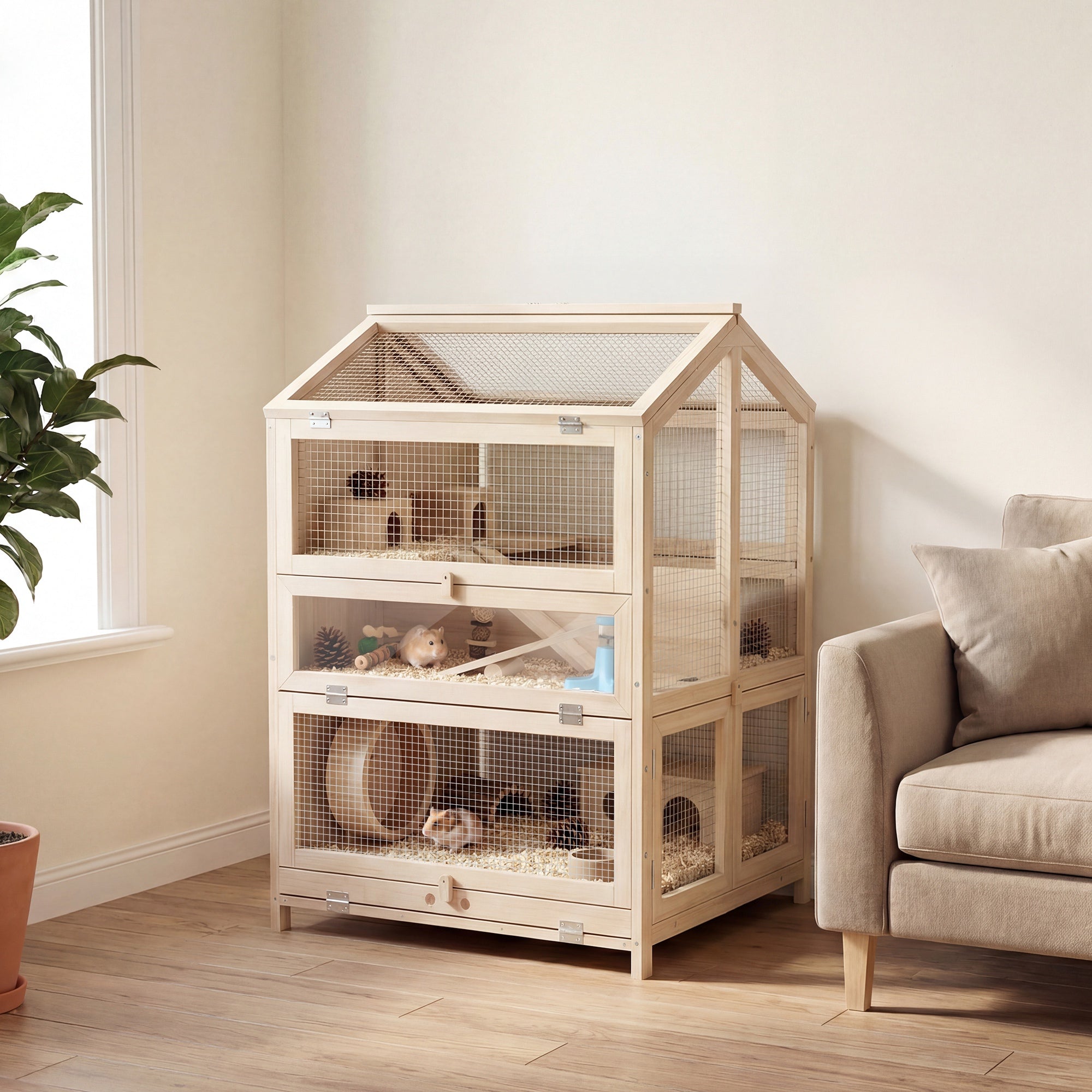 pawhut-cage-hamster-en-bois-3-tages-26-8-avec-s-parateur-toboggans-et-cabanes-na image 3