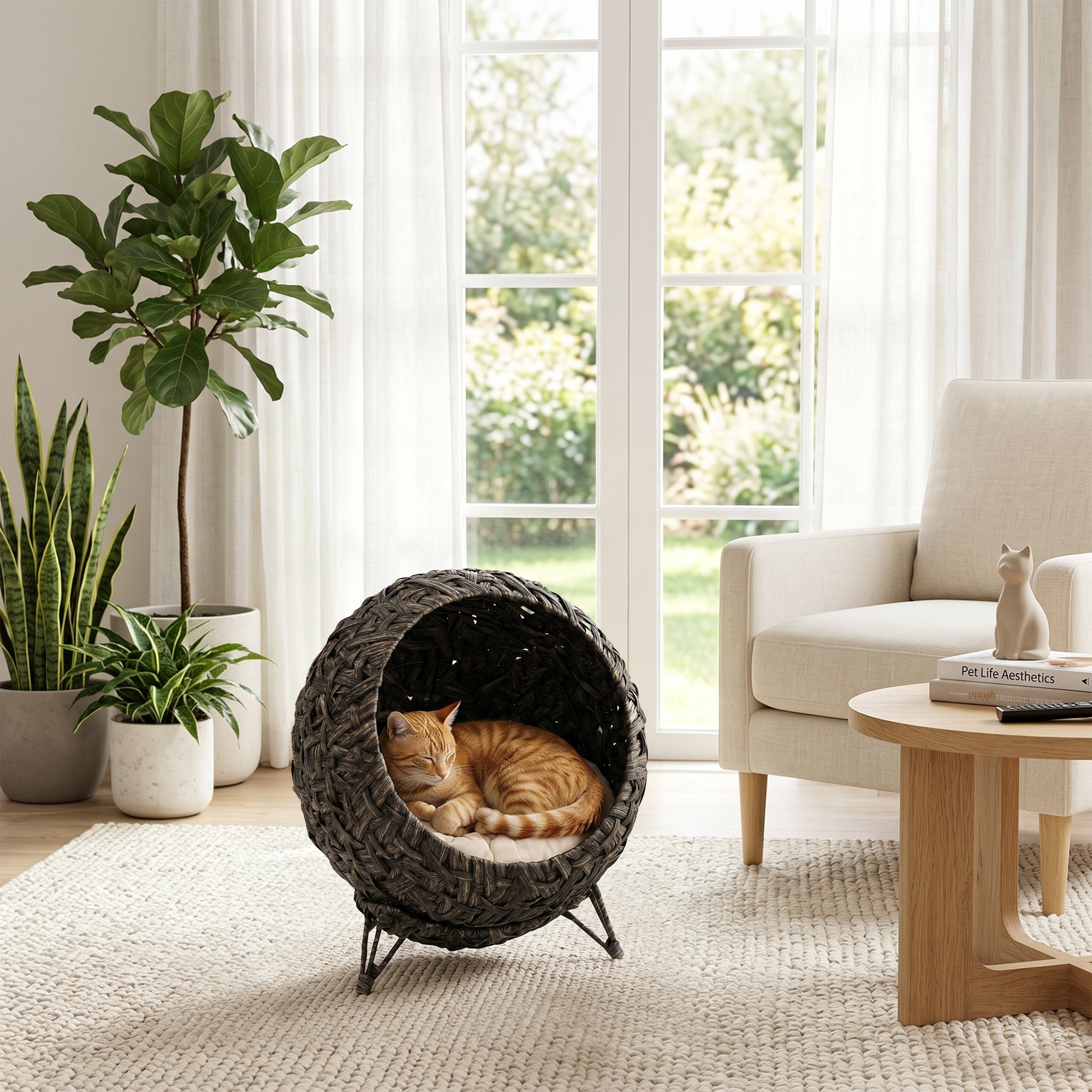 pawhut-lit-chat-sur-lev-rotin-tress-gris-avec-coussin-et-base-m-tal image 4