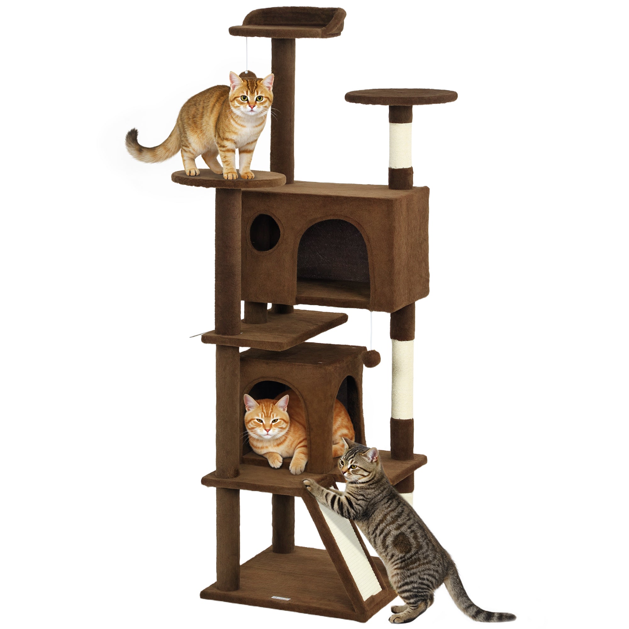 pawhut-arbre-chat-160-cm-avec-2-niches-lit-rampe-et-griffoirs-marron-clair image 1