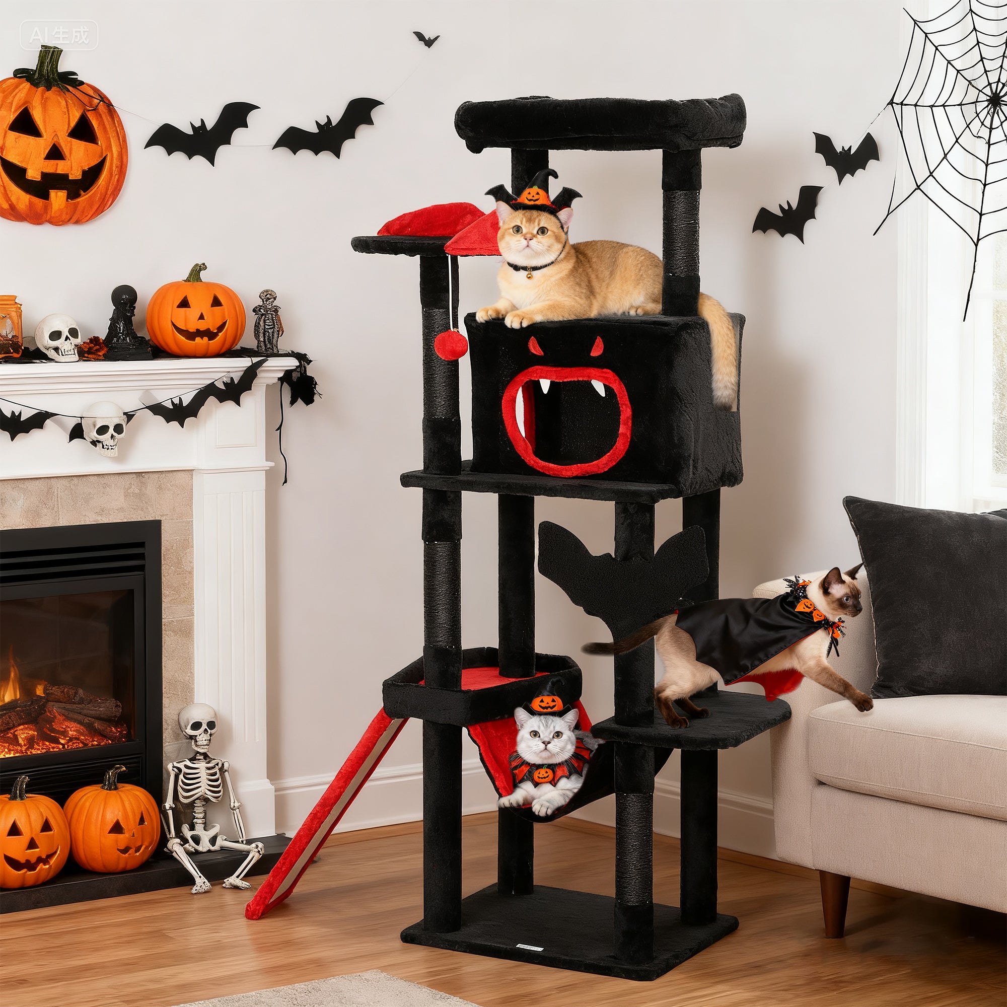 pawhut-arbre-chat-gothique-halloween-152-cm-cercueil-chauve-souris image 4