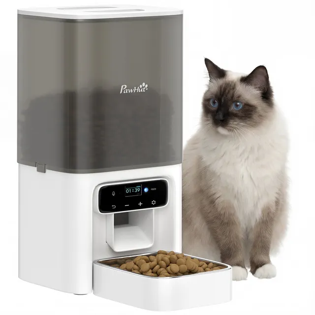 pawhut-distributeur-croquettes-chat-automatique-4-5l-avec-bol-inox-6-repas-et-vo image 1