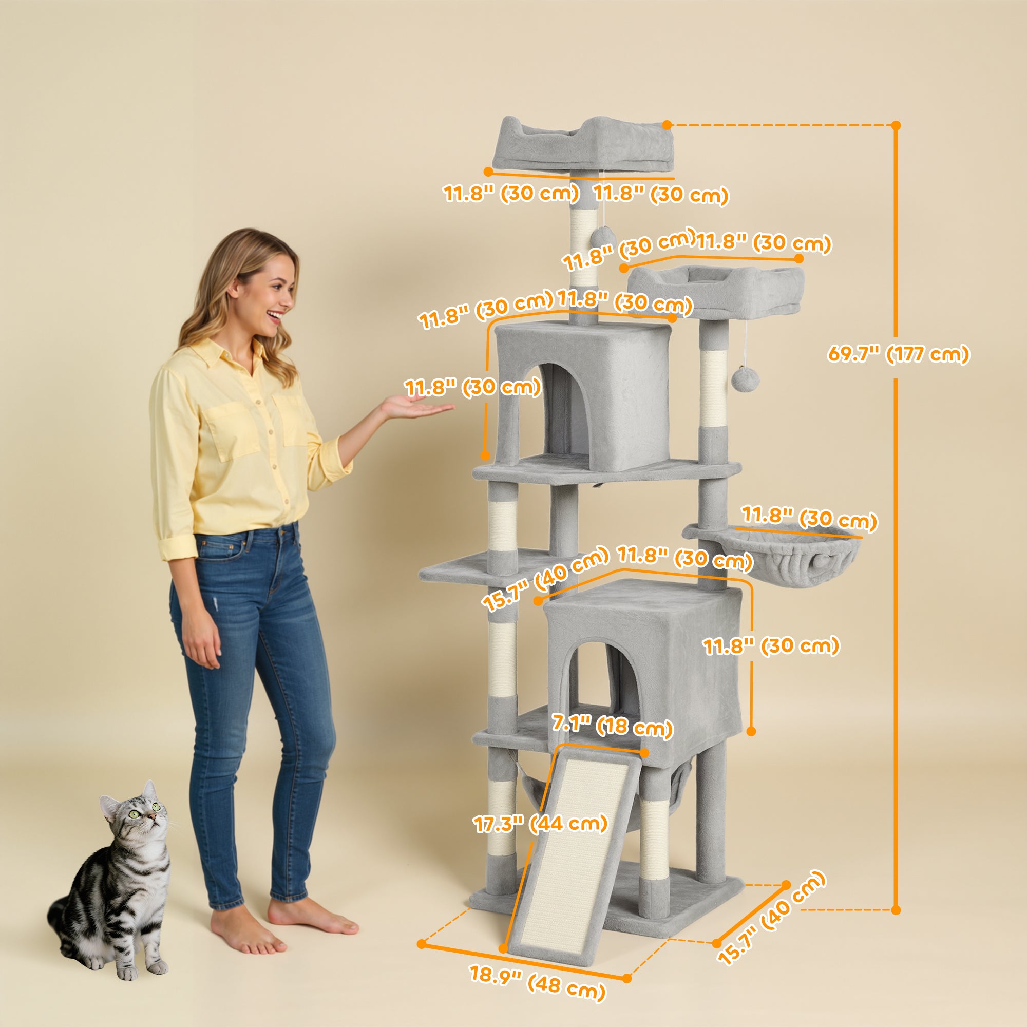 pawhut-arbre-chat-177-cm-2-niches-2-perchoirs-hamac-gris-clair image 5
