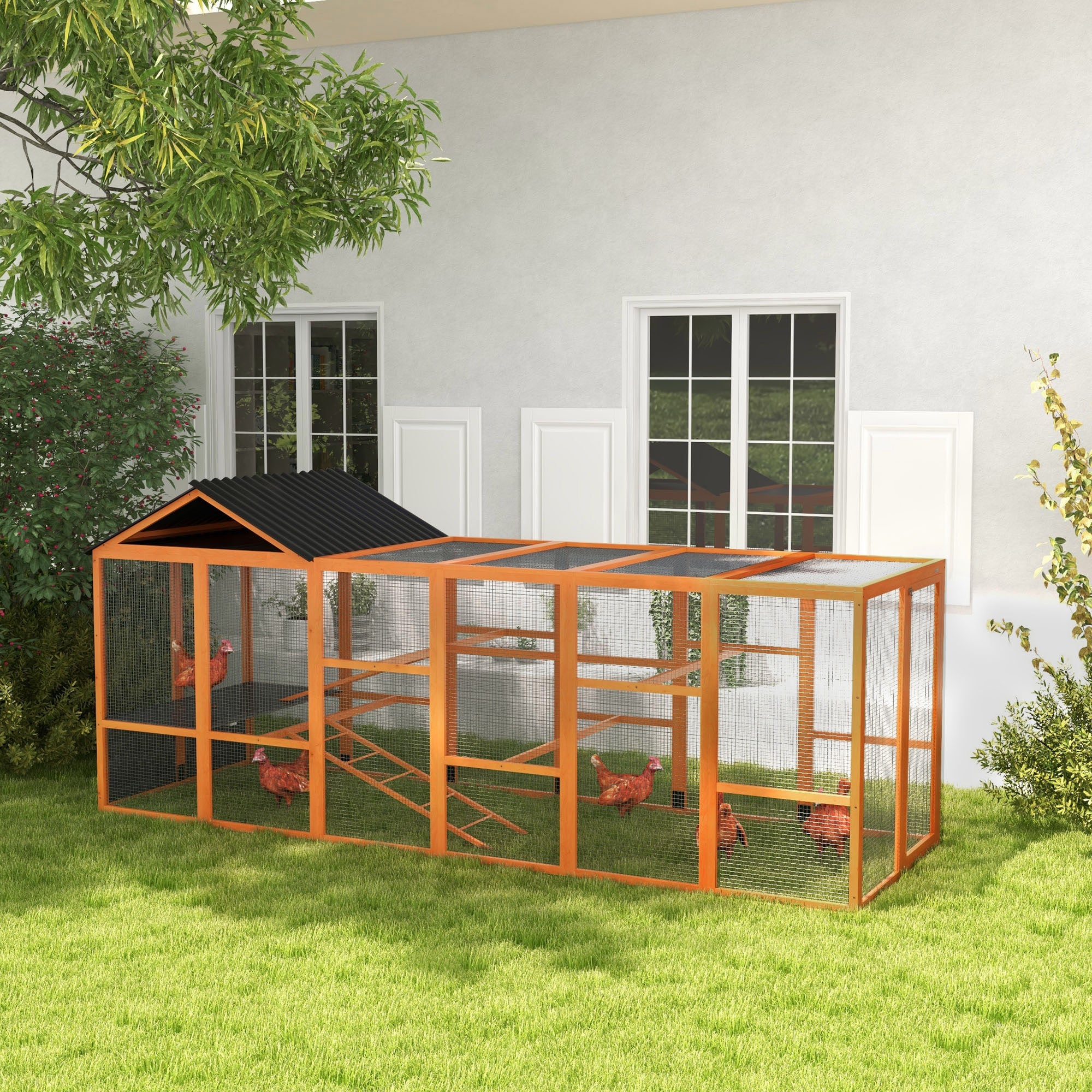 pawhut-extension-enclos-poules-bois-avec-rangement-perchoirs-et-chelles-orange image 4
