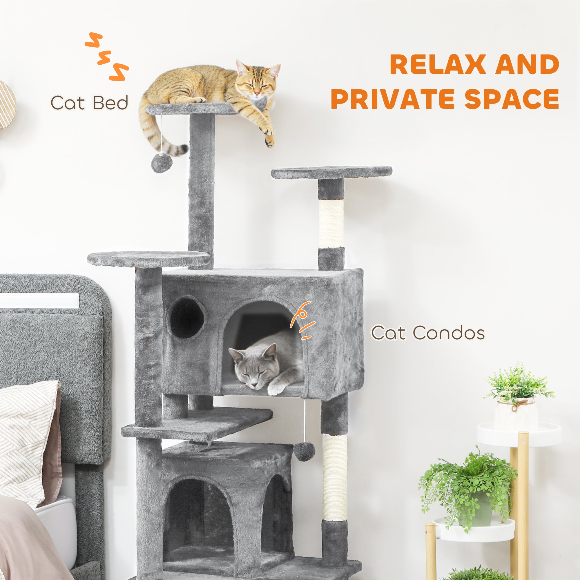 pawhut-arbre-chat-63-avec-condos-lit-rampe-et-griffoir-gris-clair image 7