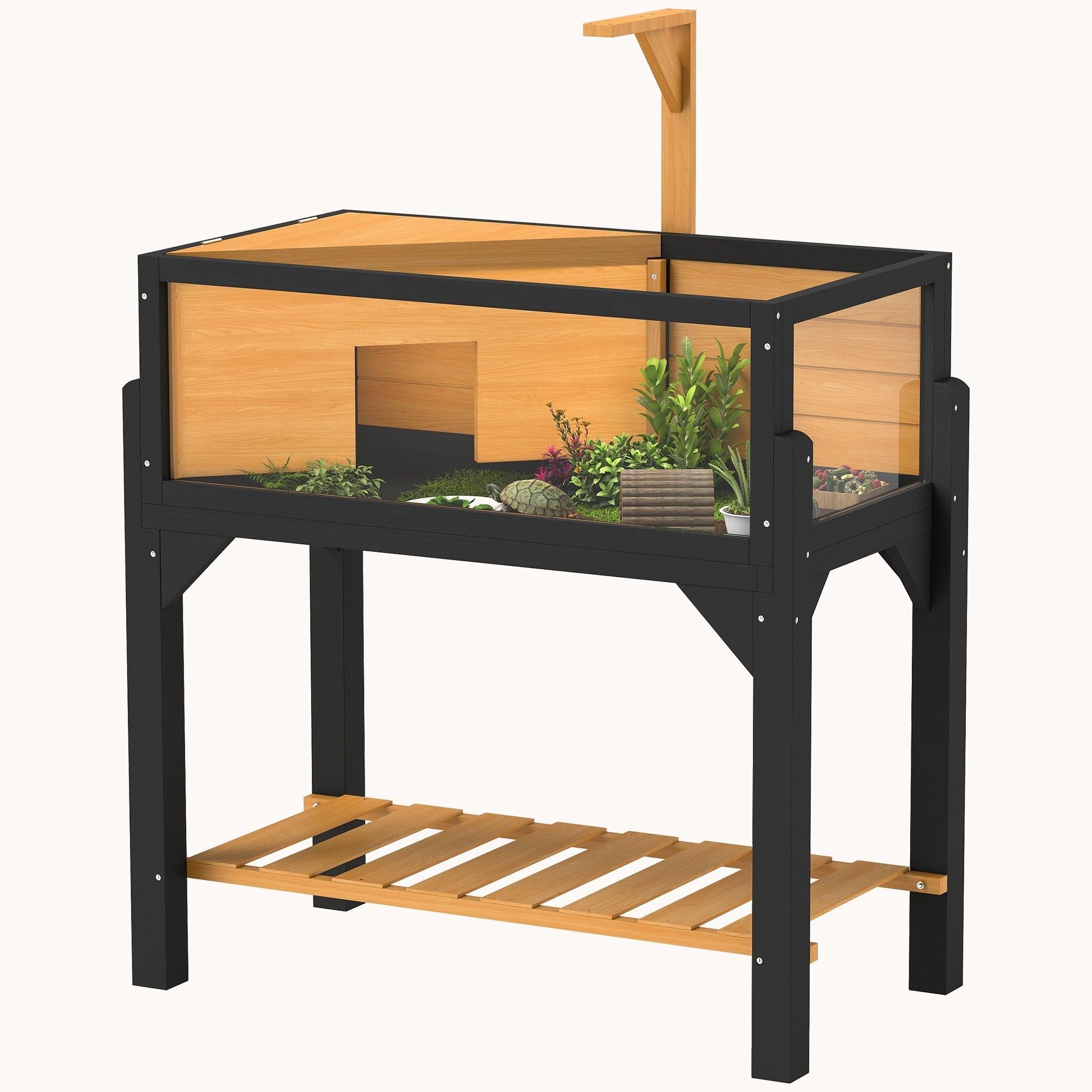 pawhut-habitat-tortue-en-bois-avec-tag-re-toit-ouvert-et-support-lampe-jaune image 1