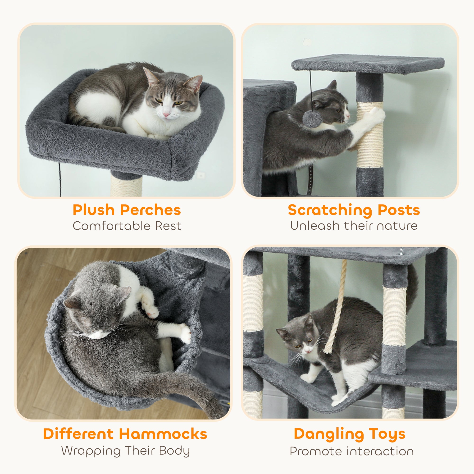 pawhut-arbre-chat-g-ant-202cm-6-griffoirs-2-niches-2-hamacs-gris-fonc image 8