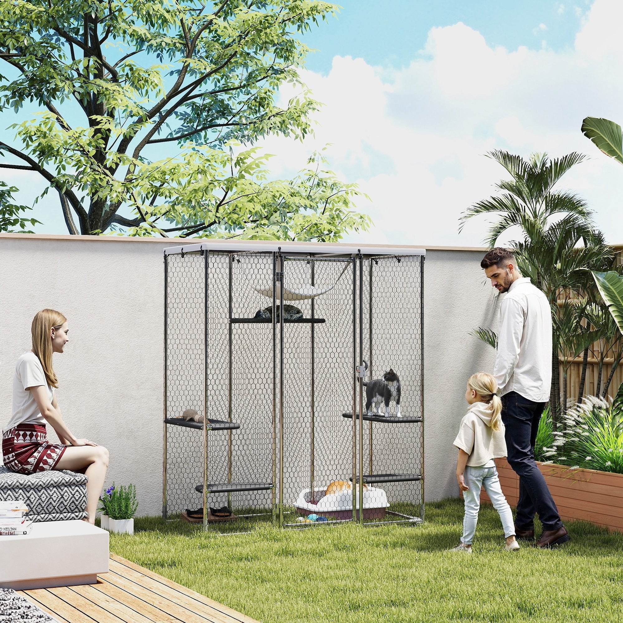 pawhut-catio-ext-rieur-m-tal-avec-5-plateformes-hamac-et-b-che-argent image 3