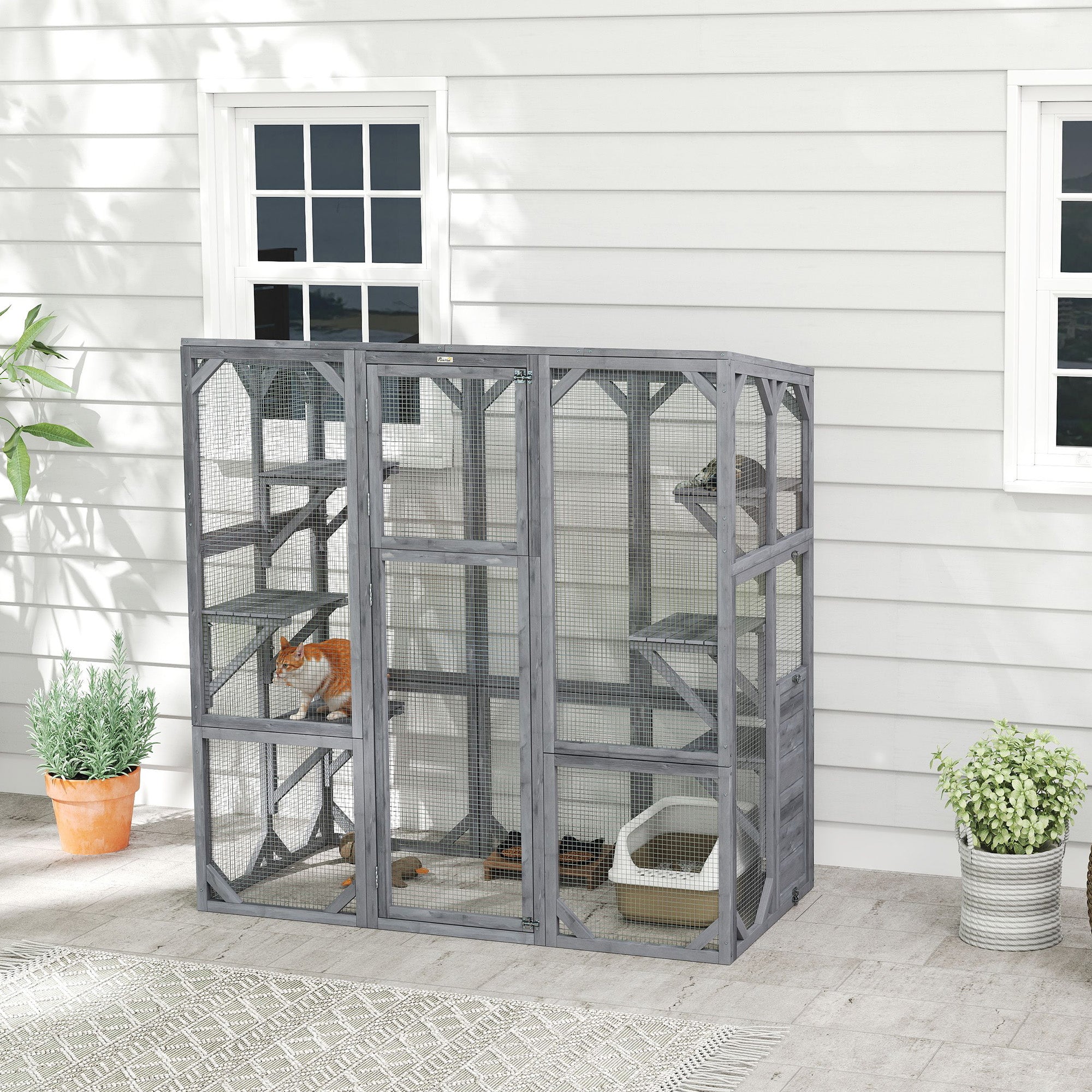 pawhut-catio-ext-rieur-grand-enclos-avec-6-plateformes-et-toit-imperm-able-gris image 4