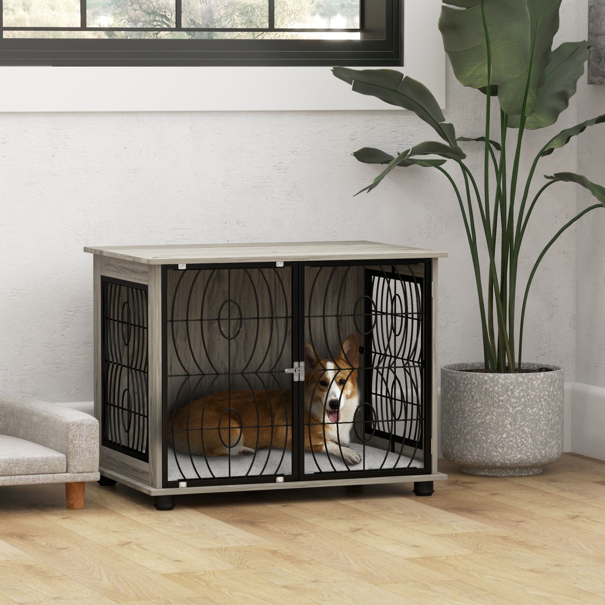 pawhut-cage-chien-table-d-appoint-80-x-56-x-63-cm-avec-coussin-gris image 4