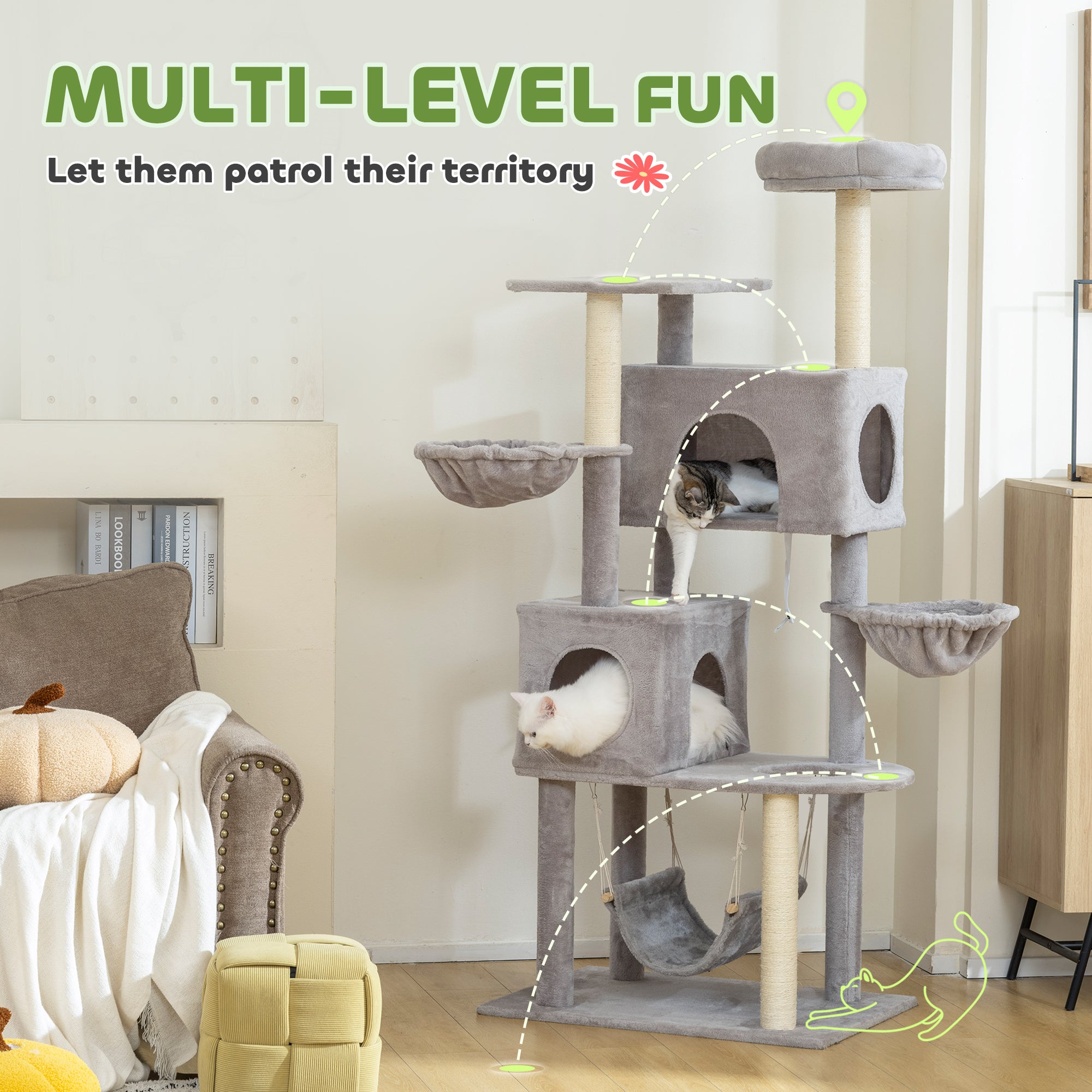 pawhut-arbre-chat-66-pouces-avec-2-niches-3-hamacs-et-perchoir-sup-rieur-gris-cl image 6