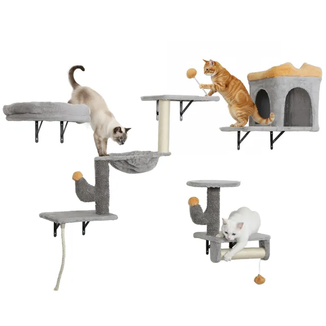 pawhut-set-4-tag-res-murales-pour-chat-avec-niche-hamac-lit-gris-clair image 1