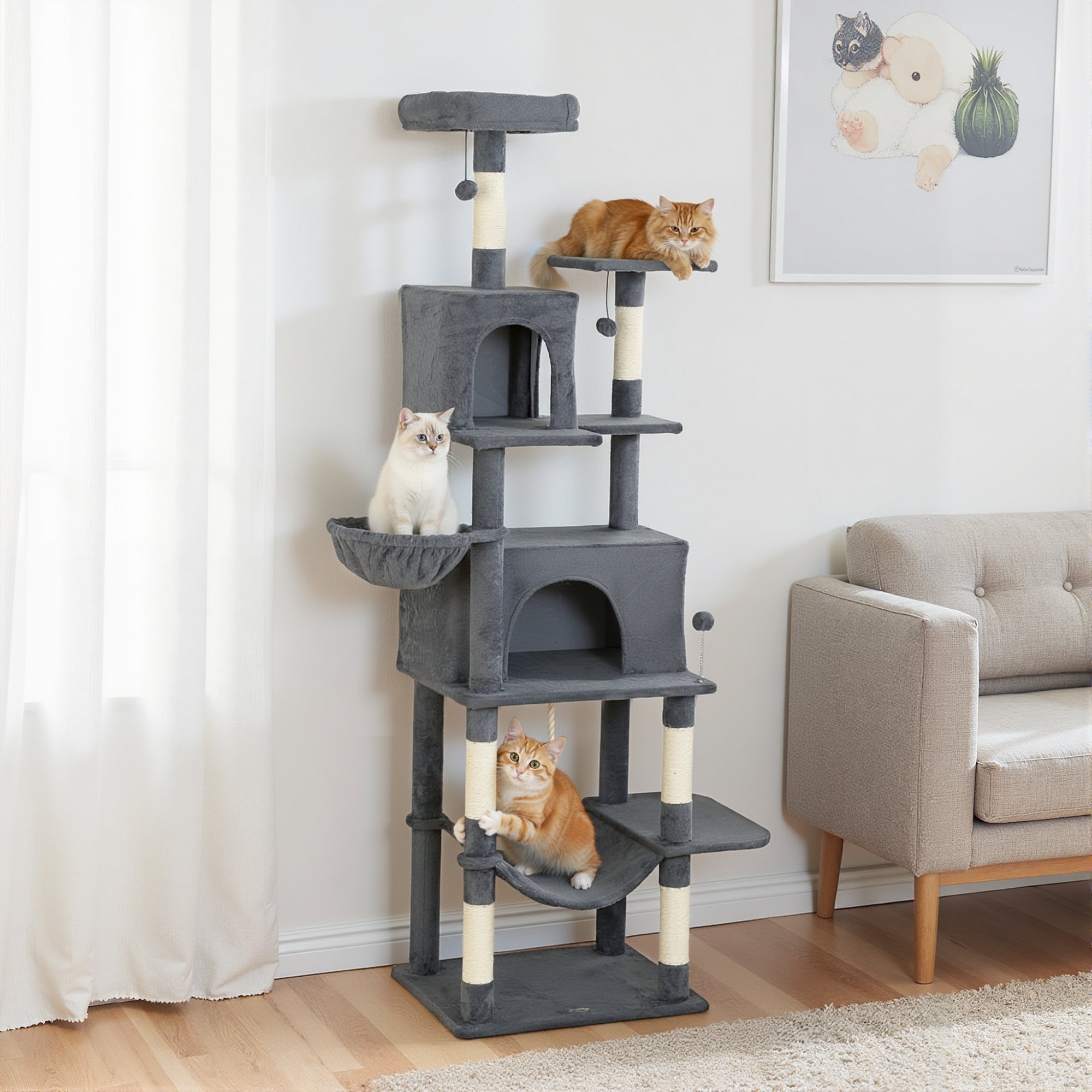 pawhut-arbre-chat-g-ant-202cm-6-griffoirs-2-niches-2-hamacs-gris-fonc image 4