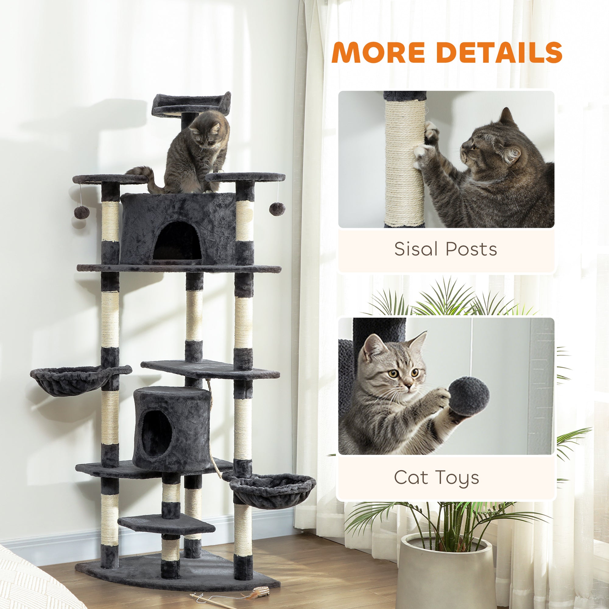 pawhut-arbre-chat-200-cm-avec-niche-2-hamacs-et-griffoirs-gris-fonc image 7