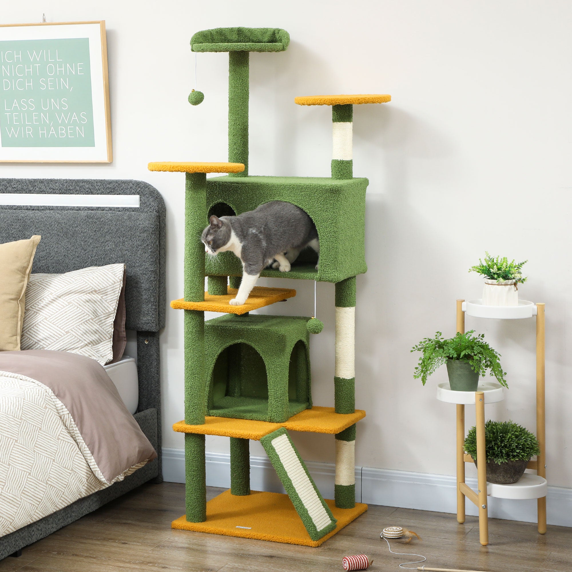 pawhut-arbre-chat-160-cm-avec-niches-lit-rampe-et-griffoirs-vert image 4