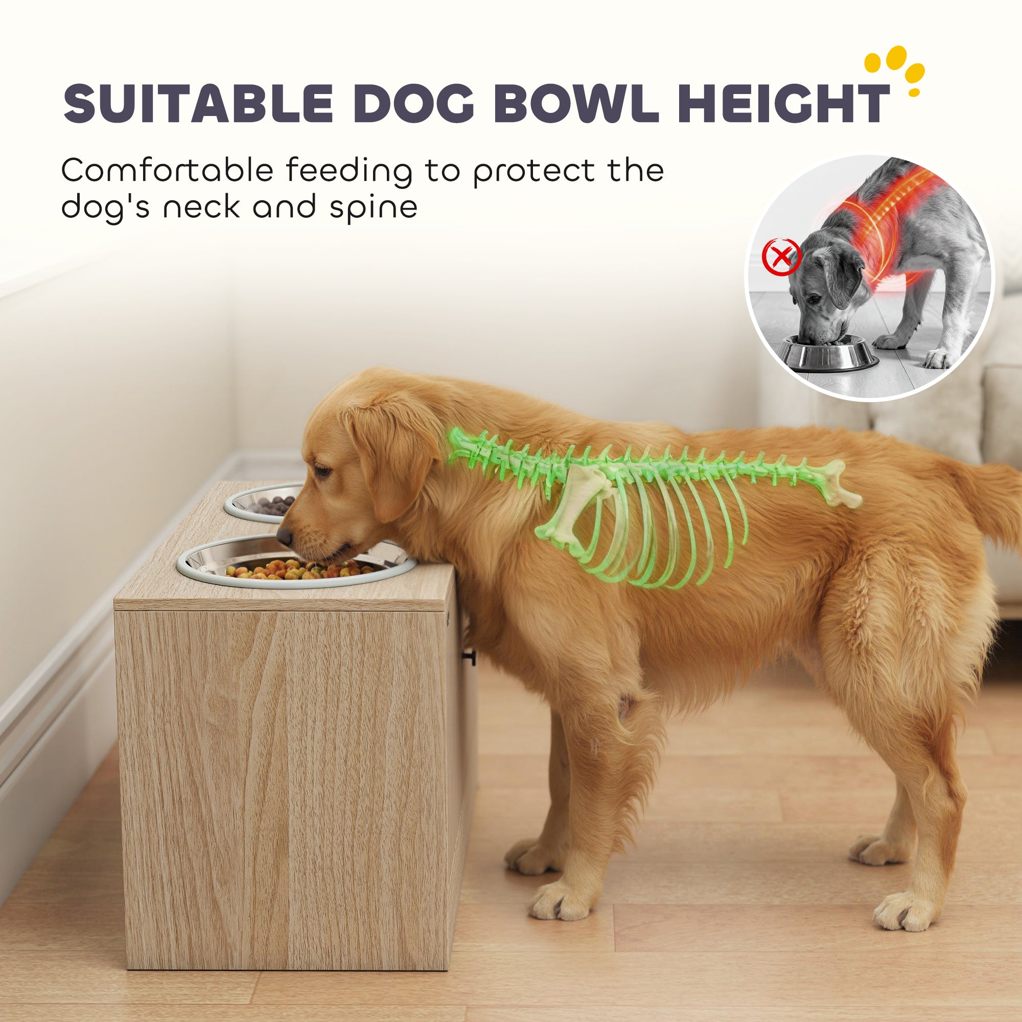 pawhut-gamelles-sur-lev-es-pour-chien-avec-meuble-ch-ne-et-2-bols-inox image 6
