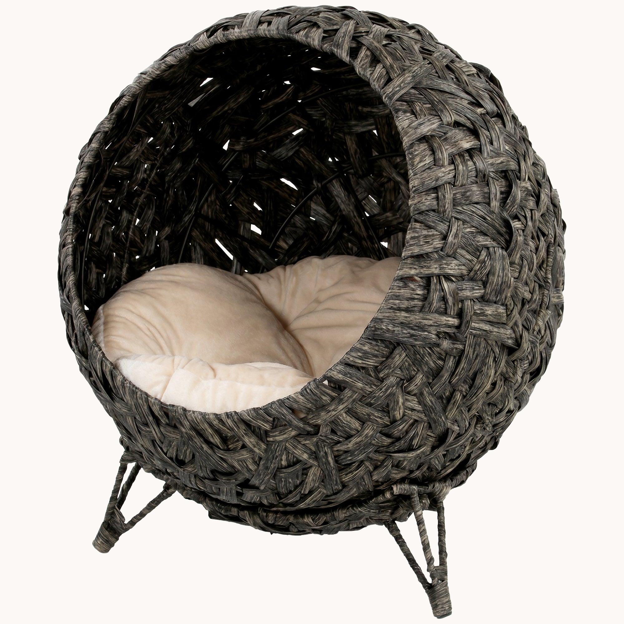 pawhut-lit-chat-sur-lev-rotin-tress-gris-avec-coussin-et-base-m-tal image 2