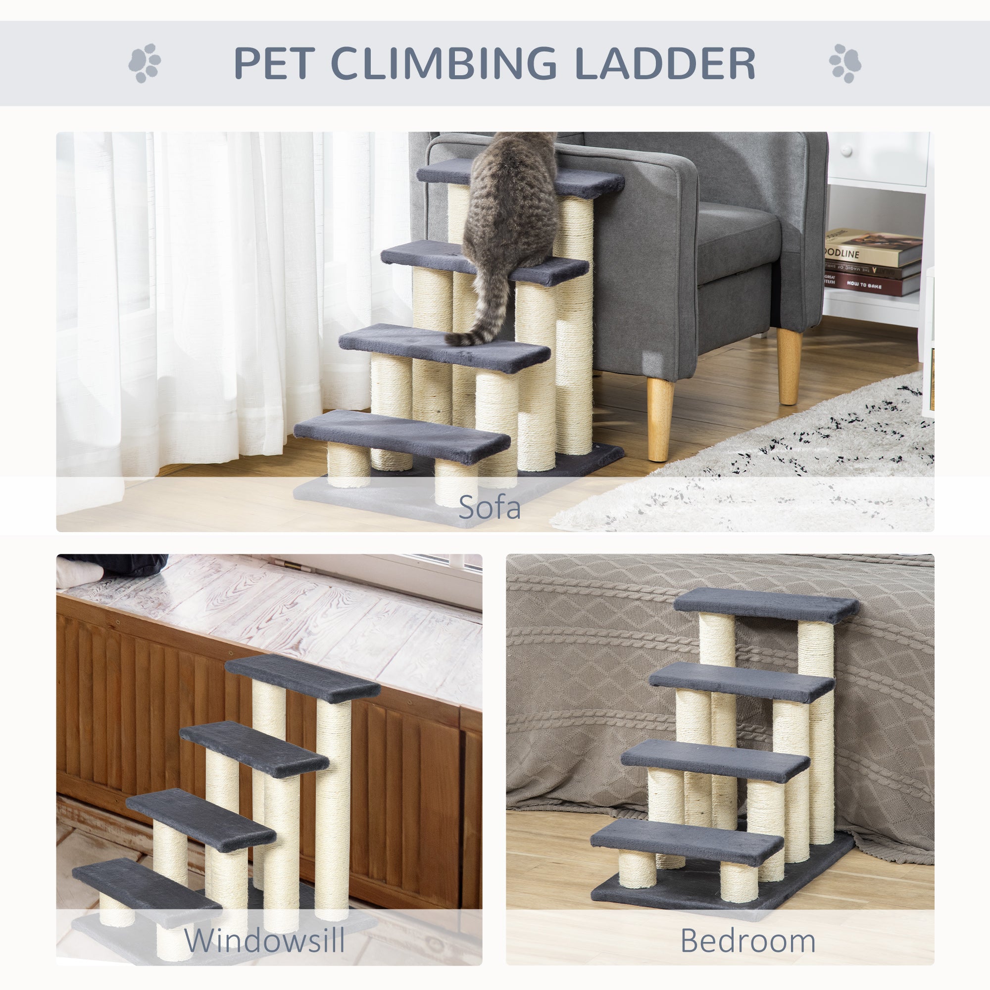pawhut-escalier-chien-chat-4-marches-avec-griffoirs-gris image 8