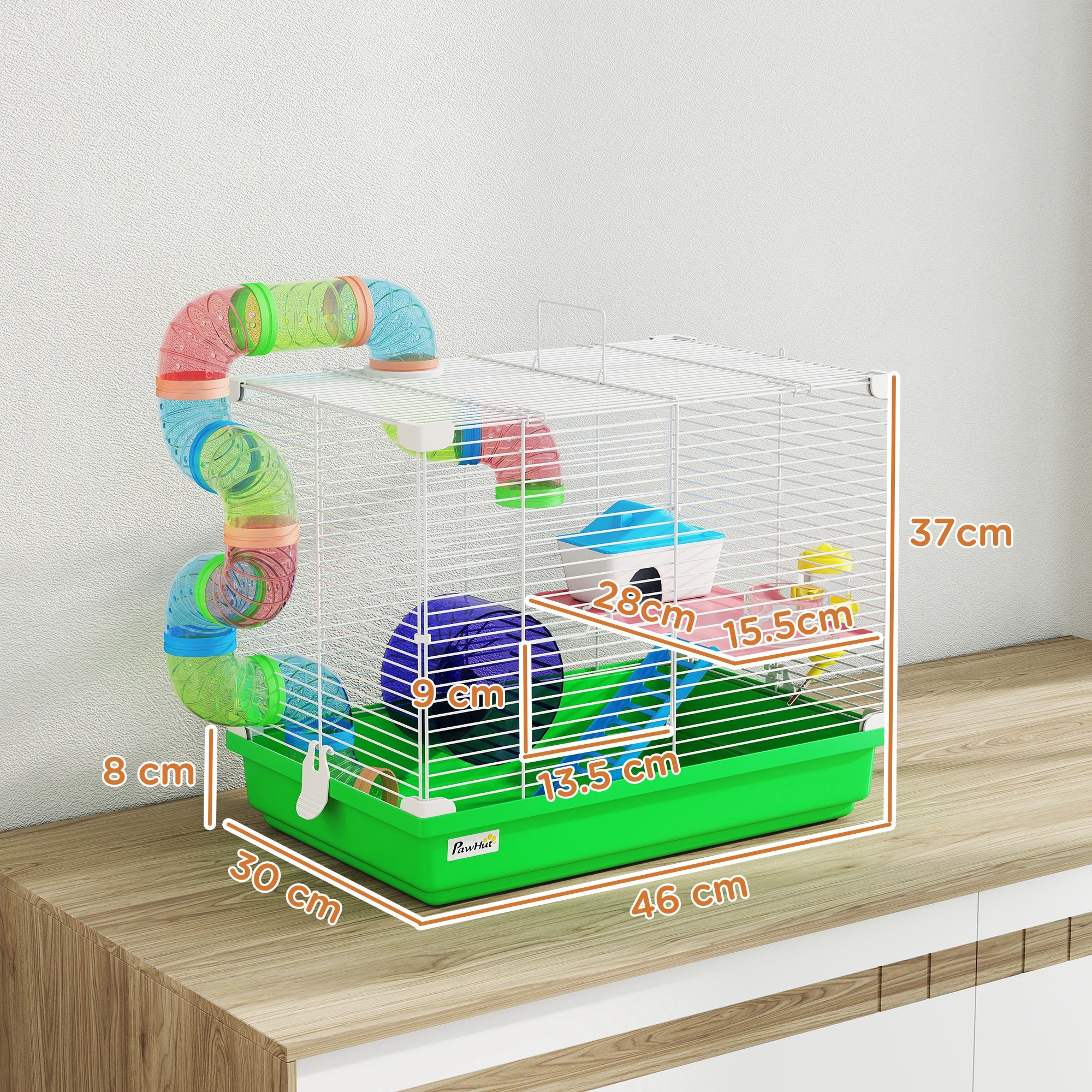 pawhut-cage-hamster-2-tages-avec-roue-tunnel-et-poign-e-verte image 5