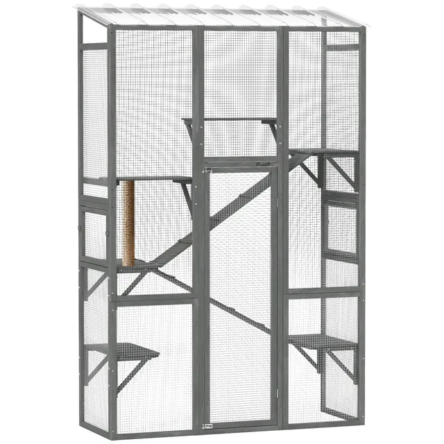 pawhut-grand-catio-d-ext-rieur-gris-avec-6-plateformes-et-griffoir image 1