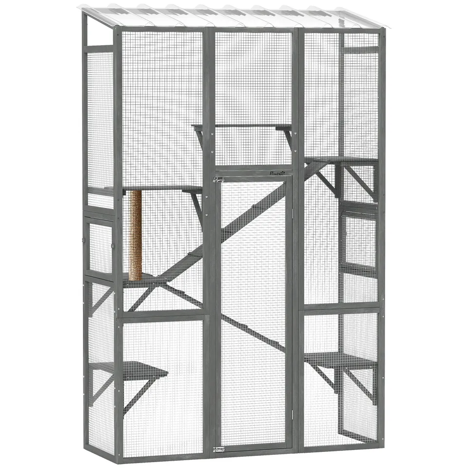 pawhut-grand-catio-d-ext-rieur-gris-avec-6-plateformes-et-griffoir image 1