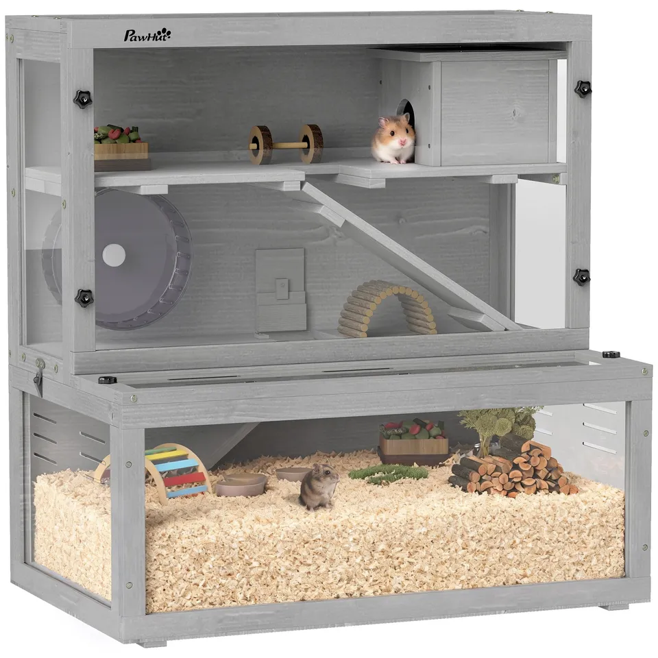 pawhut-cage-hamster-3-niveaux-bois-de-sapin-panneau-transparent-gris image 1