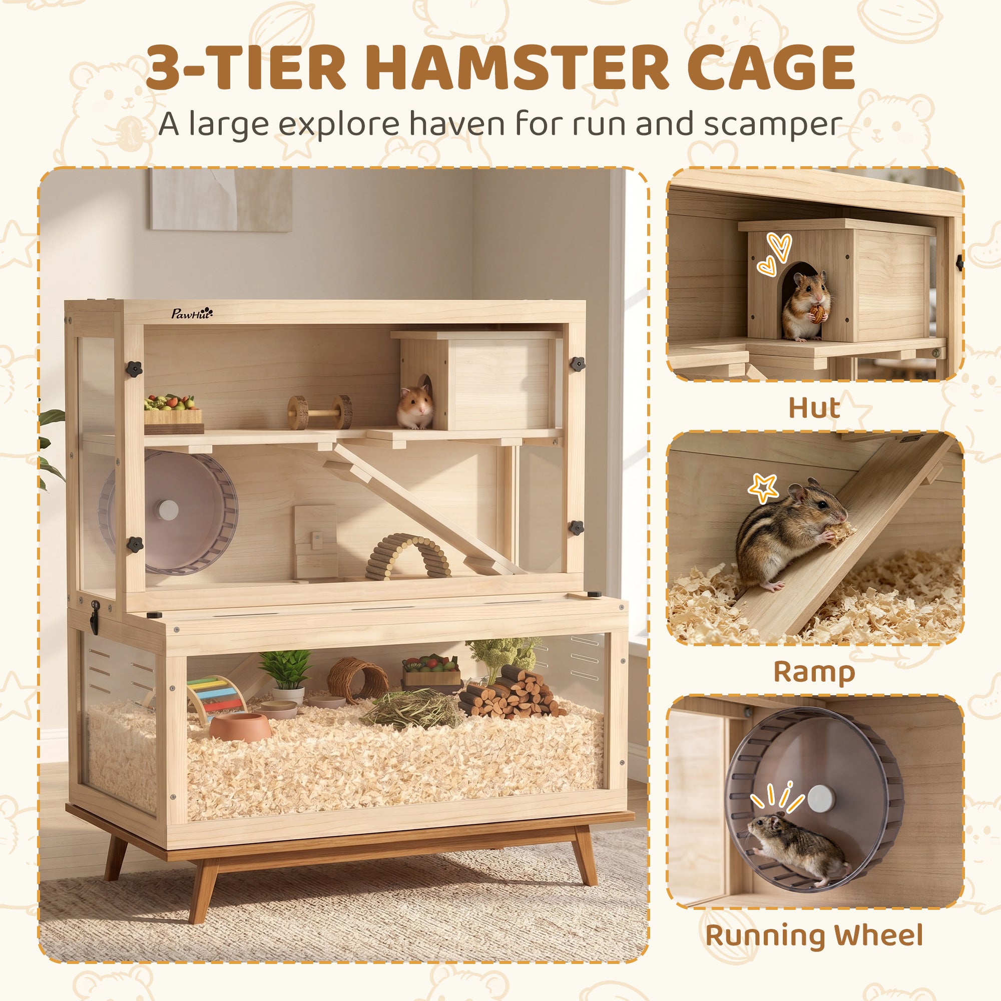 pawhut-cage-hamster-bois-3-tages-avec-cabane-roue-et-rampes-80-x-50-x-84-cm-natu image 6