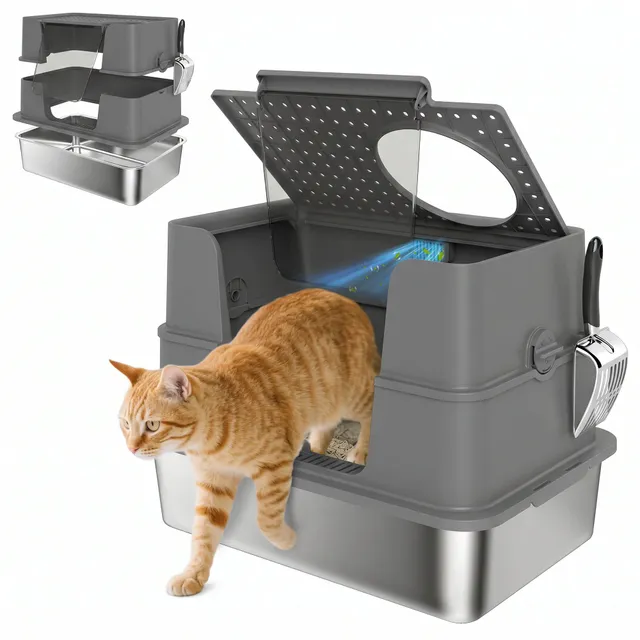 pawhut-bac-liti-re-chat-inox-xl-avec-couvercle-basculant-100-gris-fonc image 1