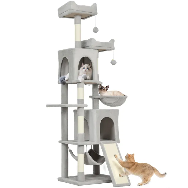 pawhut-arbre-chat-177-cm-2-niches-2-perchoirs-hamac-gris-clair image 1