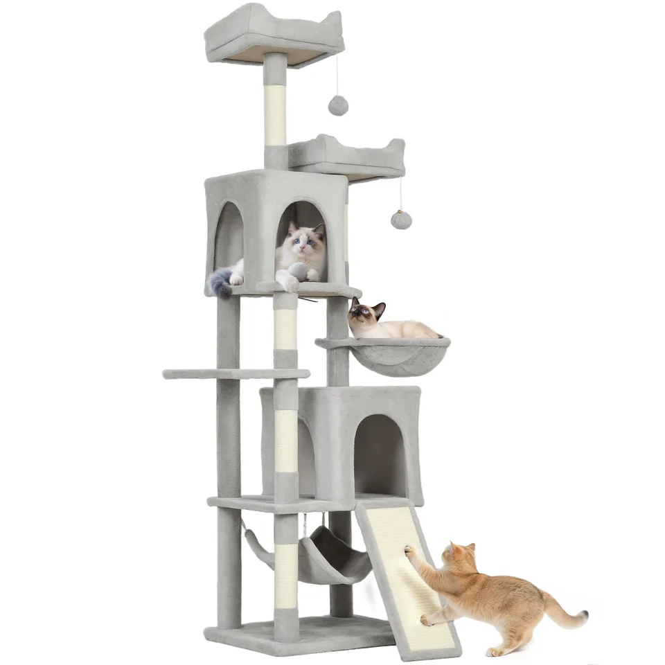 pawhut-arbre-chat-177-cm-2-niches-2-perchoirs-hamac-gris-clair image 1