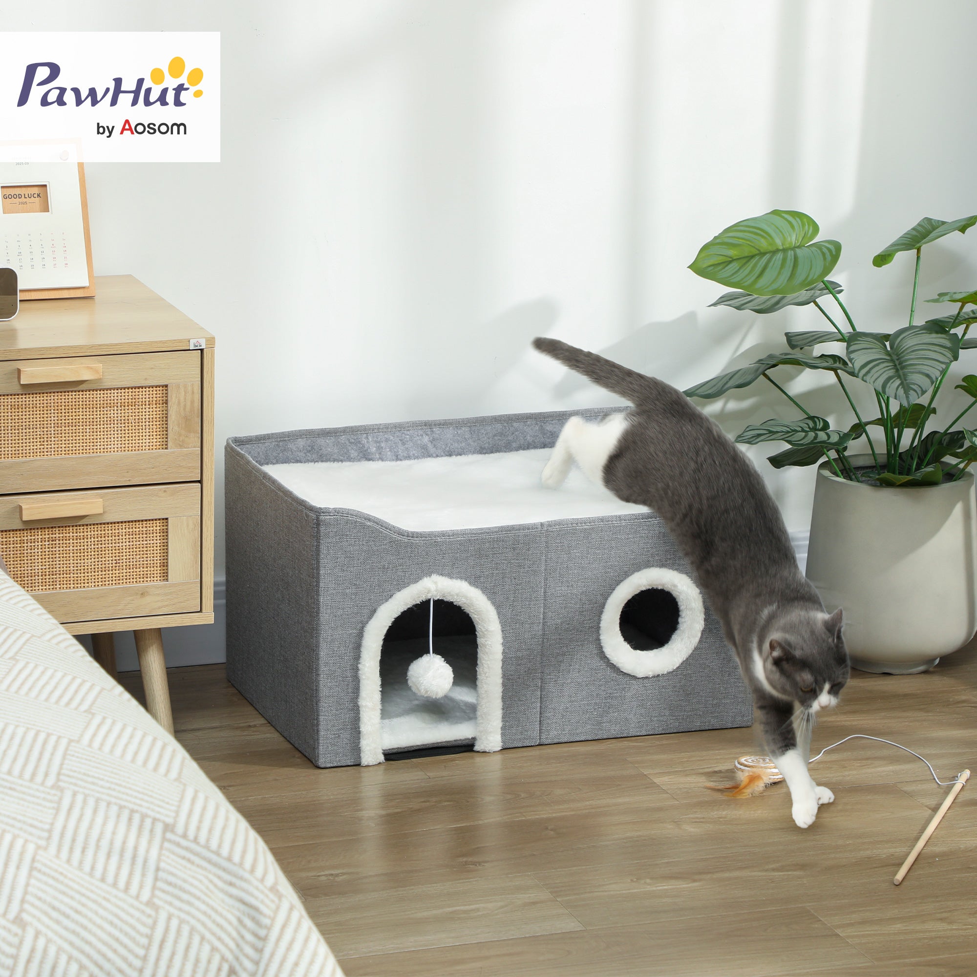 pawhut-maison-pour-chat-pliable-avec-griffoir-coussin-et-balle image 4