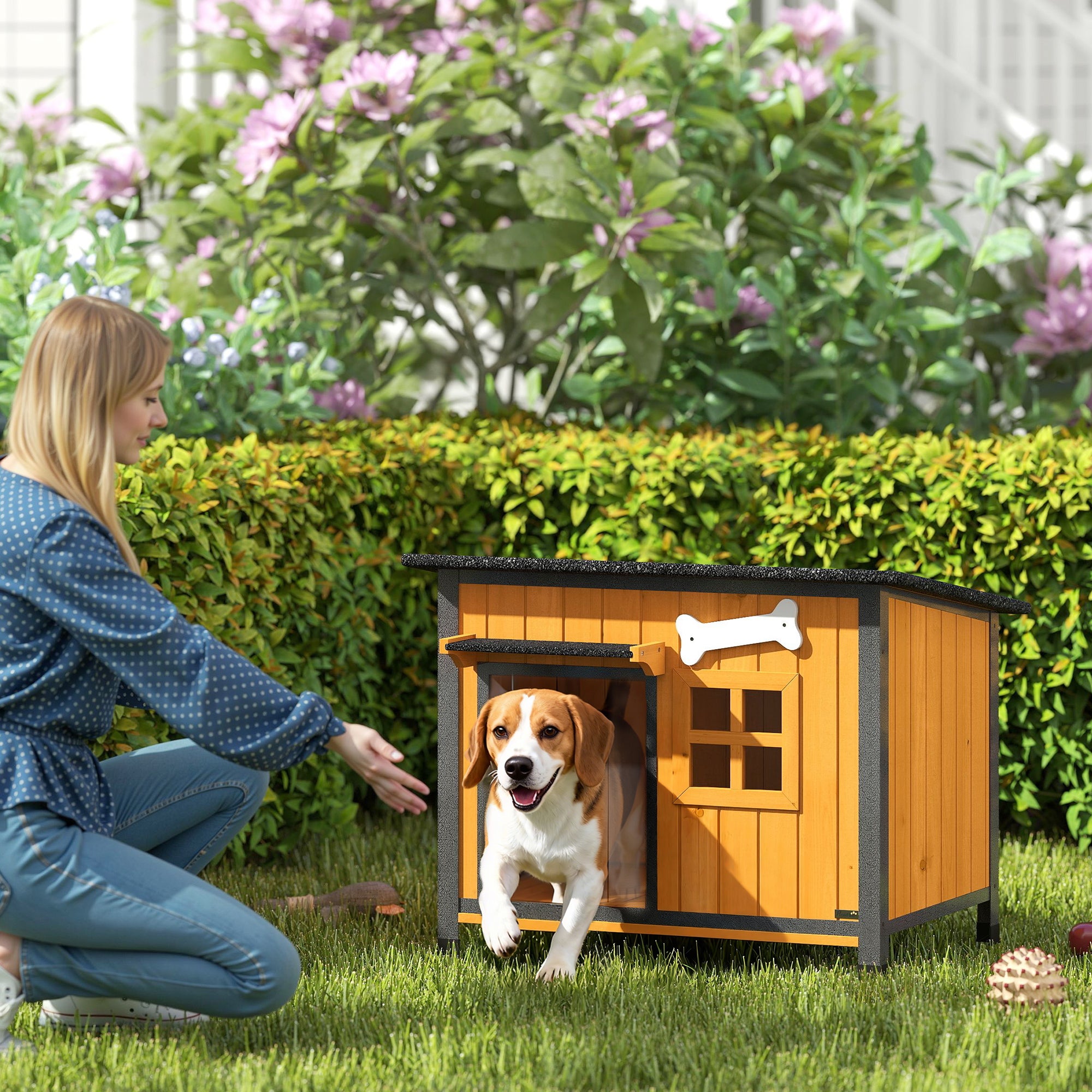 pawhut-niche-chien-bois-et-acier-toit-ouvrable-jaune image 3