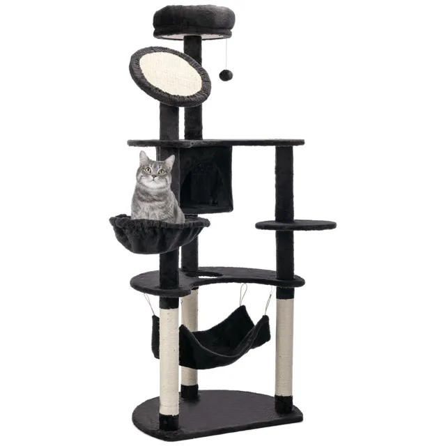 pawhut-arbre-chat-150-cm-avec-niche-2-hamacs-et-griffoirs-gris-fonc image 1