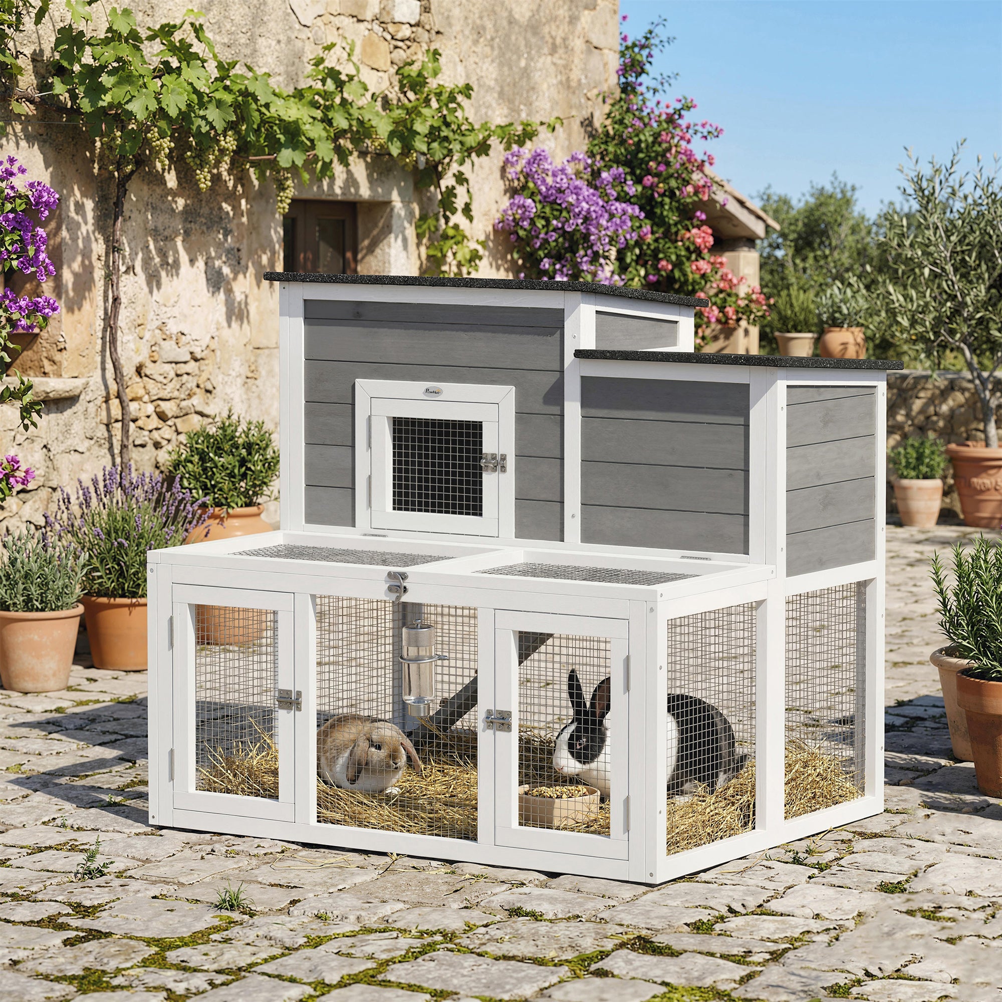 pawhut-clapier-lapin-bois-97x75-5x90-cm-gris-2-tages image 3