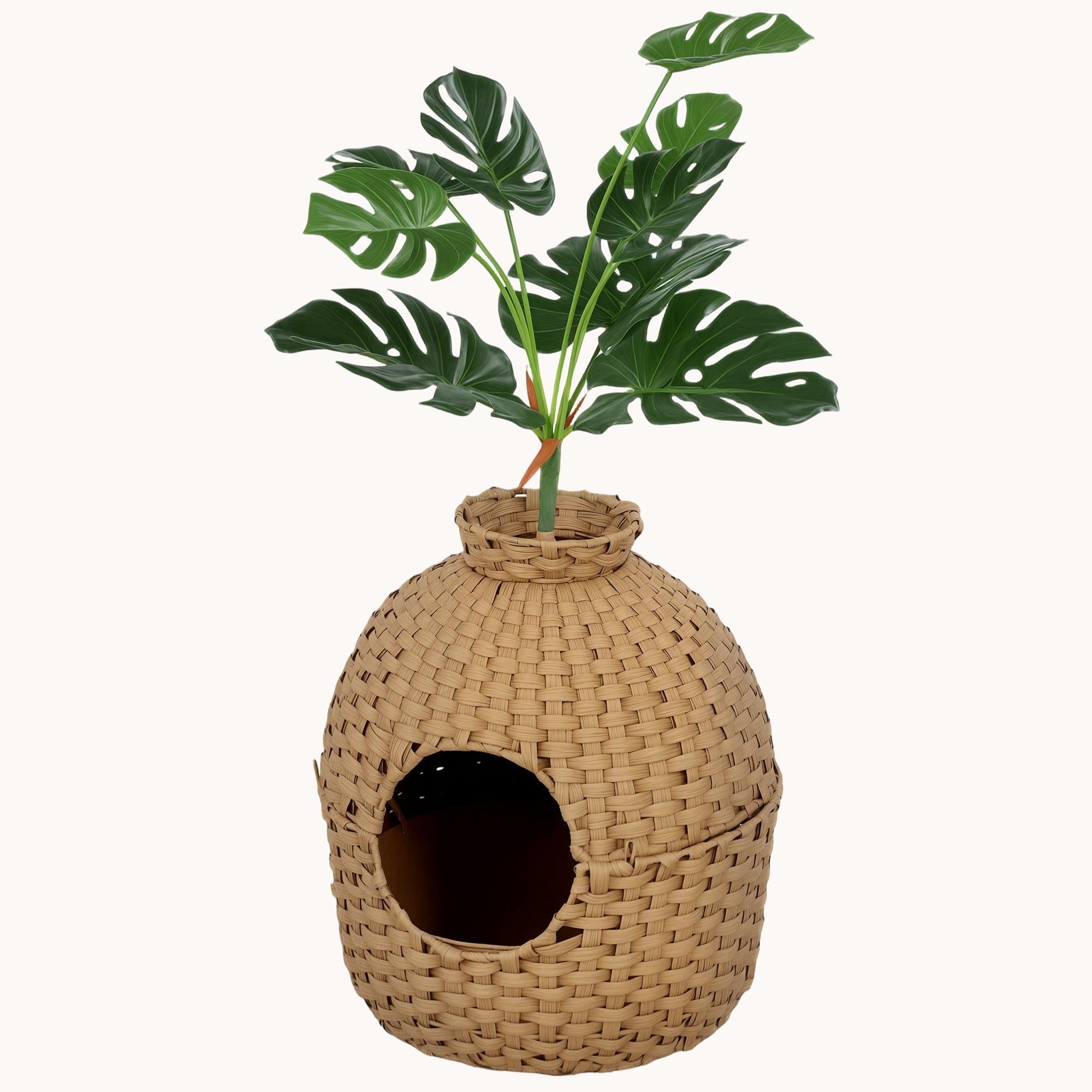 pawhut-meuble-liti-re-chat-cach-e-en-rotin-avec-plante-et-bac-inox image 2