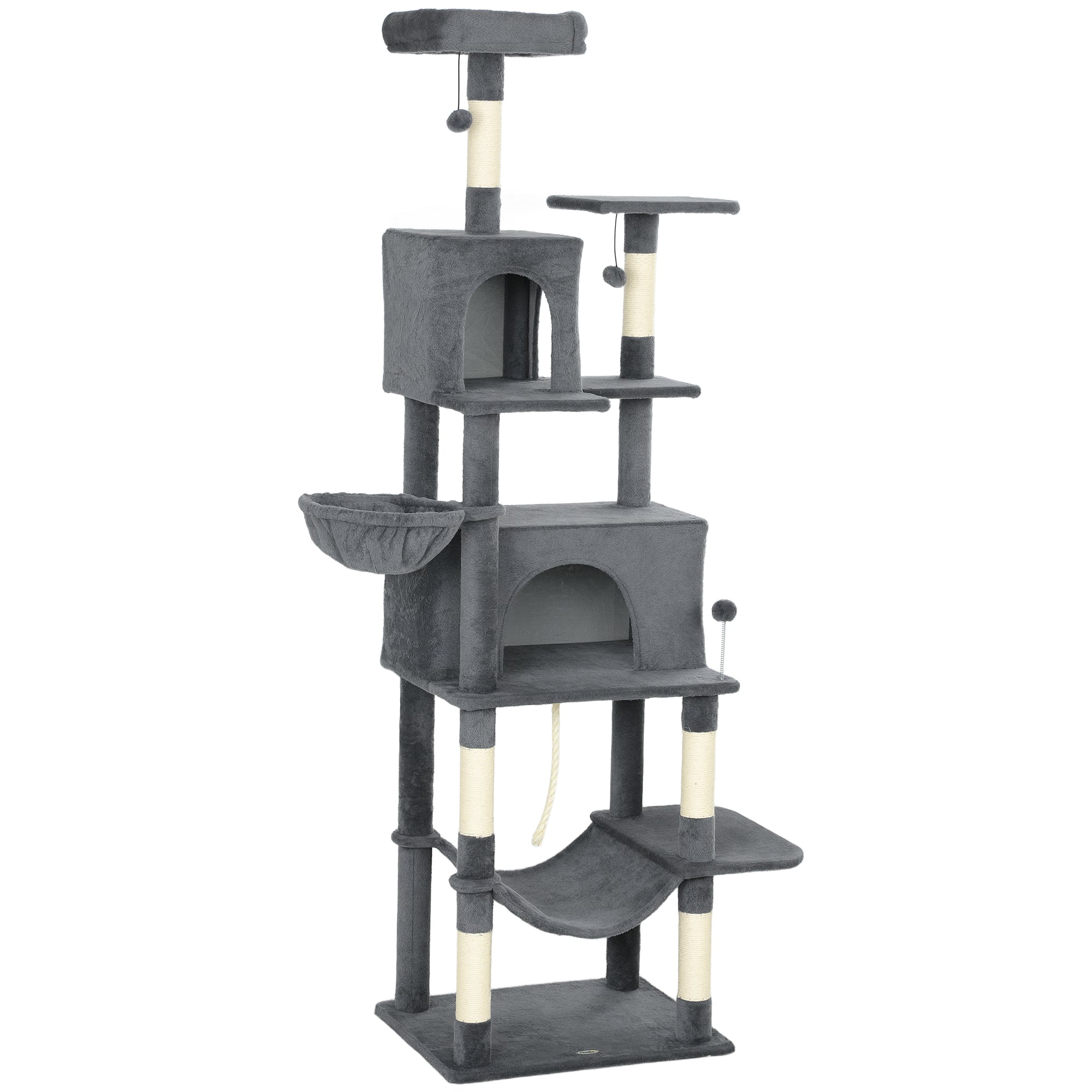 pawhut-arbre-chat-g-ant-202cm-6-griffoirs-2-niches-2-hamacs-gris-fonc image 2