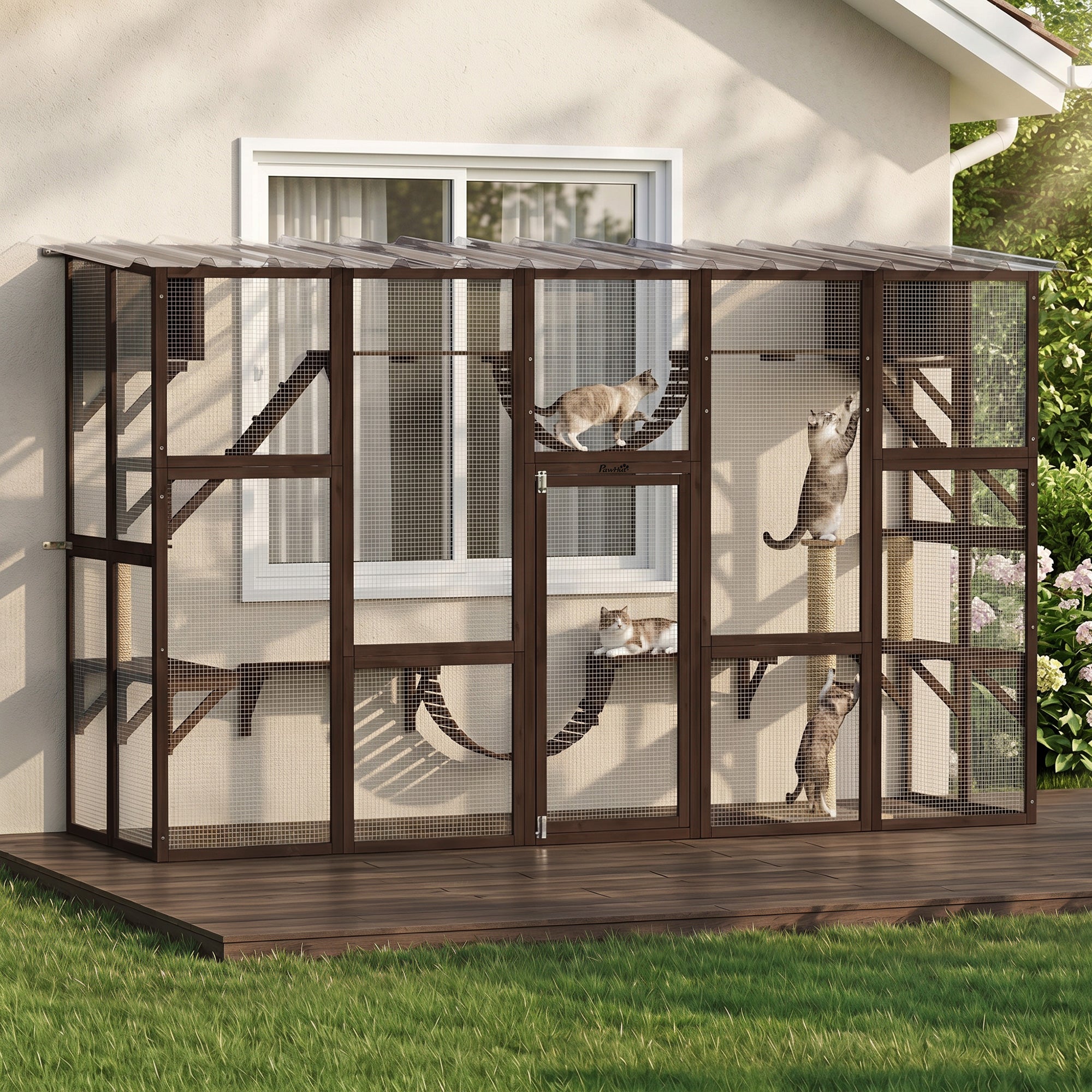 pawhut-catio-ext-rieur-bois-avec-toit-6-plateformes-marron-caf image 3