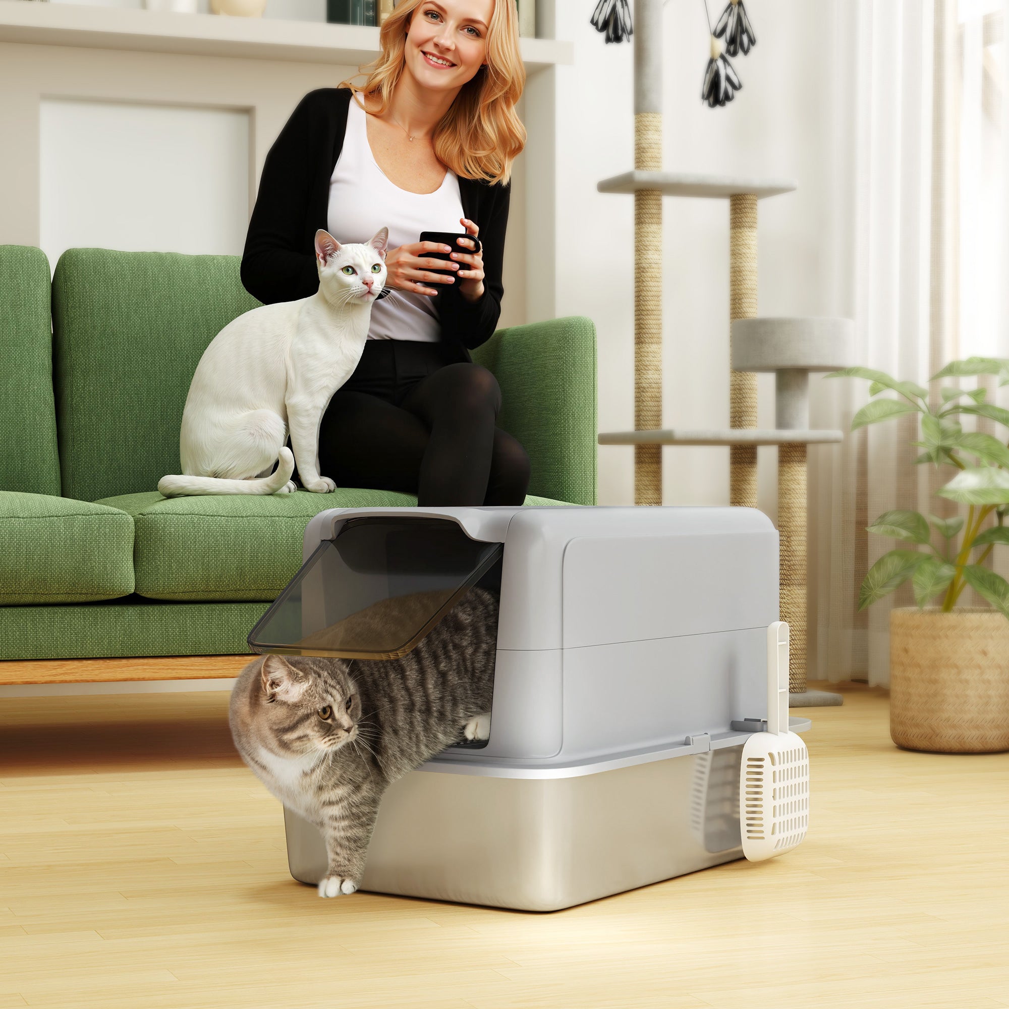 pawhut-bac-liti-re-chat-inox-xl-avec-couvercle-pelle-filtre-et-sacs image 4