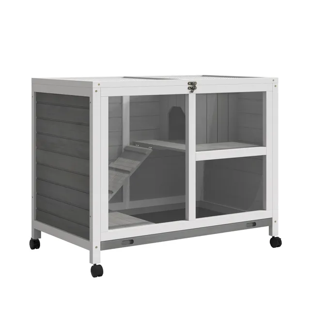 pawhut-cage-2-tages-en-bois-roulettes-pour-petits-animaux-gris image 1