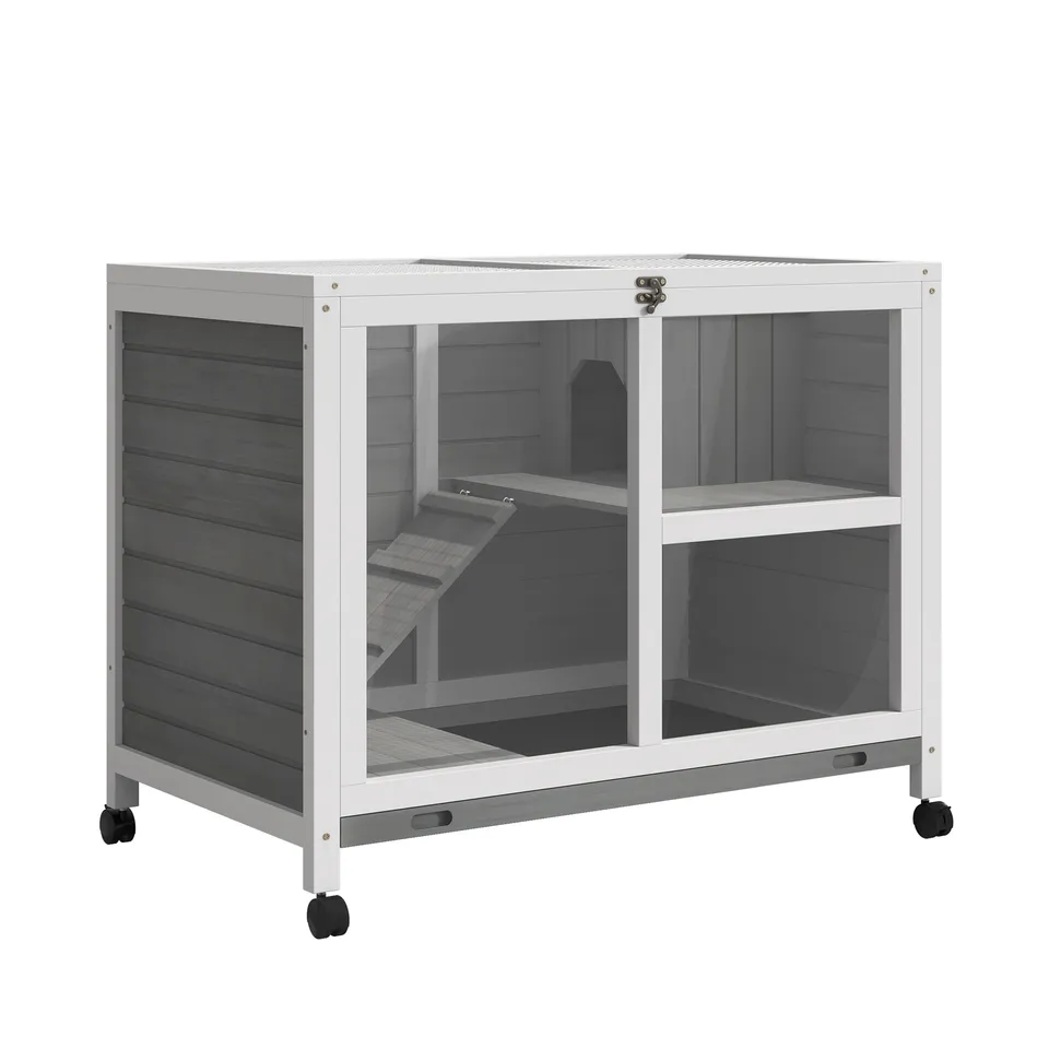 pawhut-cage-2-tages-en-bois-roulettes-pour-petits-animaux-gris image 1