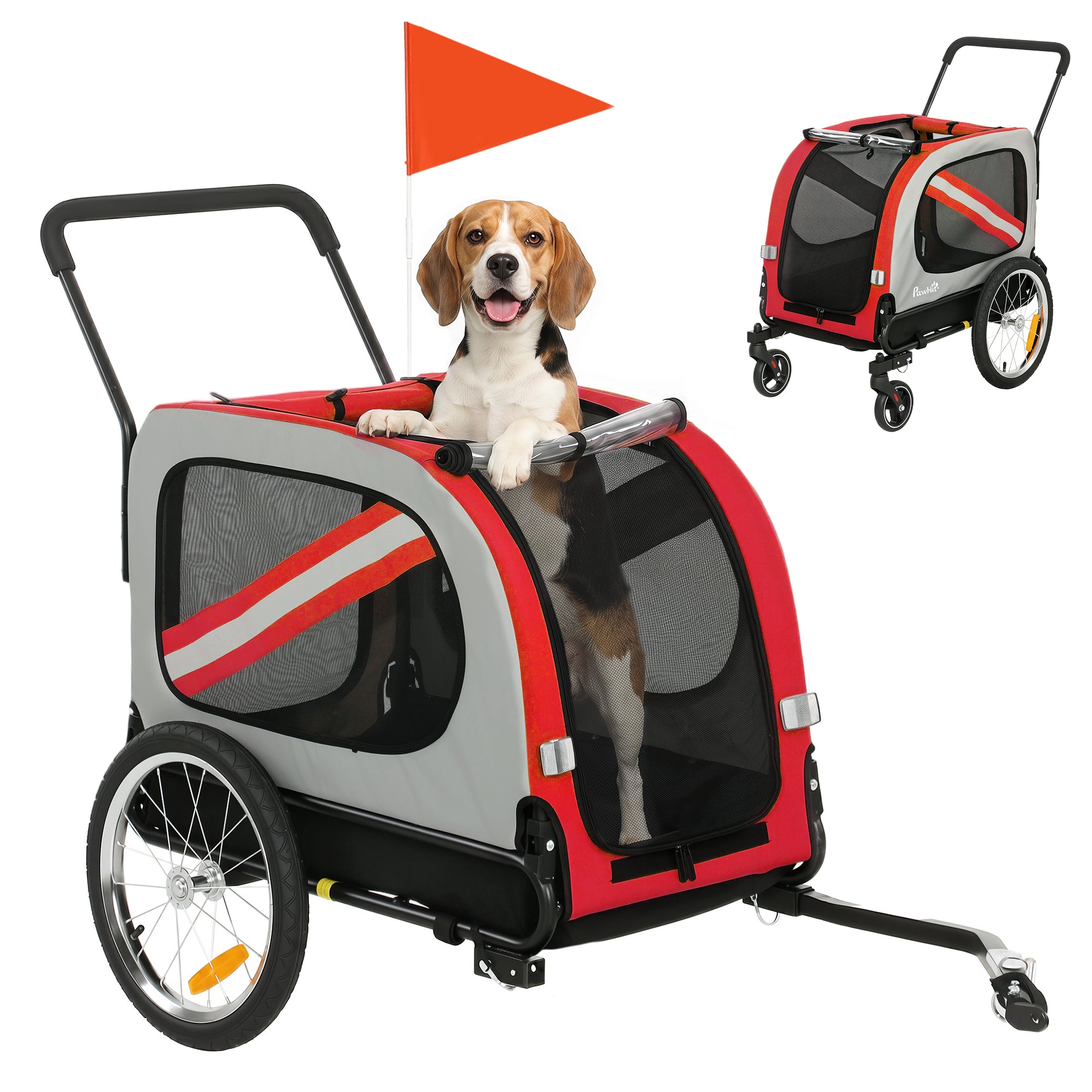 pawhut-remorque-v-lo-2-en-1-pliable-avec-poussette-pour-chiens-moyens-rouge image 1